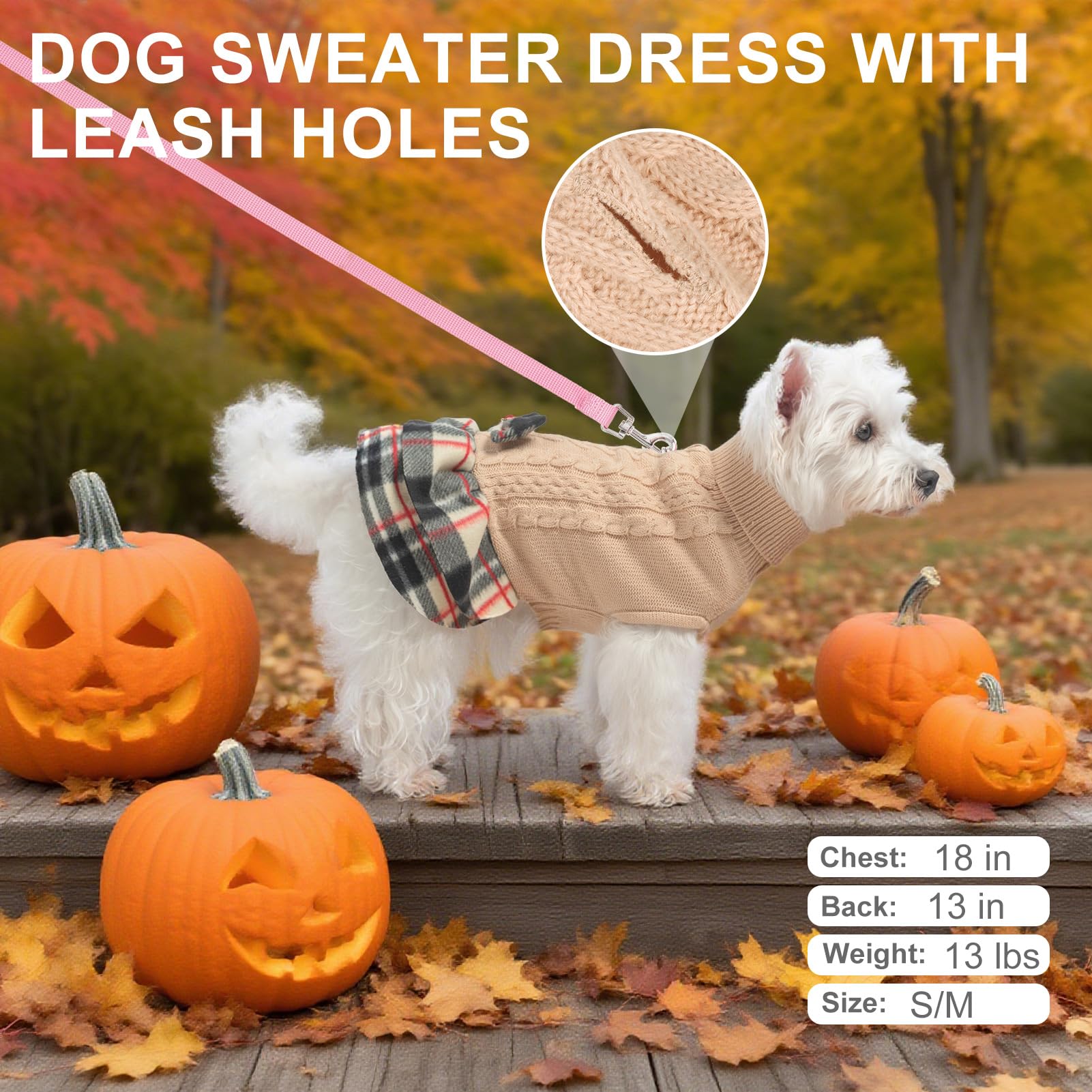 BEAUTYZOO Hundepullover für Mädchen, Zopfmuster, Hundepullover für kleine Hunde und Mädchen – Rollkragenpullover mit kariertem Rock und Fliege, warmes Hunde-Strickkleid für kaltes Wetter, Winter