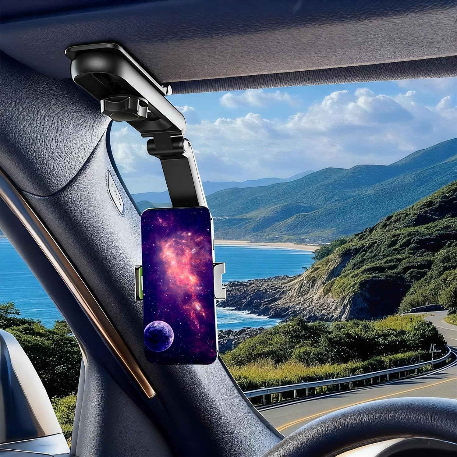 Tryagat Car Phone Holder for Nissan Micra (K15) 2025, Smartphone Mount Sun Visor Rear View Mirror 360 Rotation Clip Adjustable Foldable Universal Hands Free