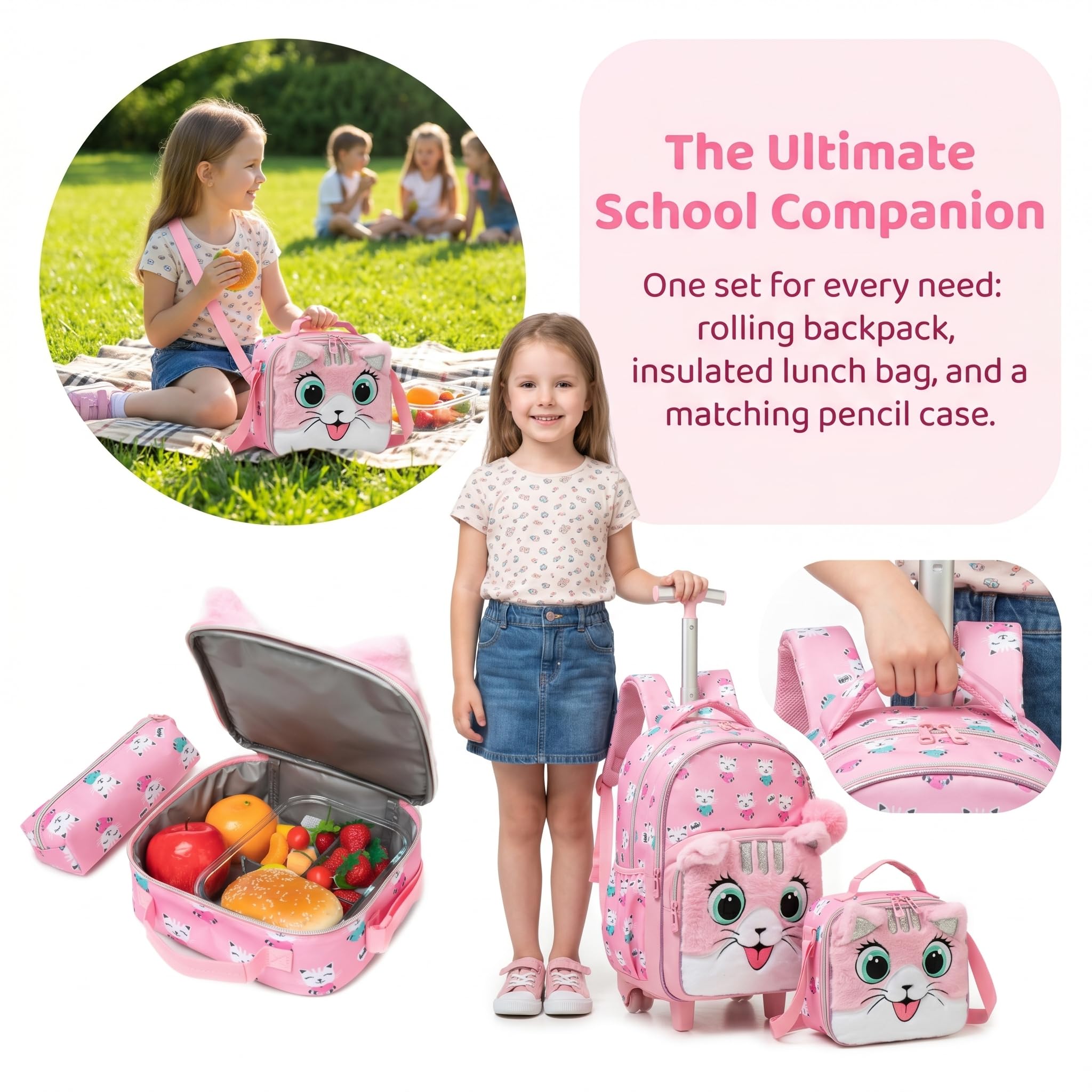 Sac a Dos Roulette Fille Enfant Cartable Cabine Primaire Valise École Maternelle Sacs à D'école pour Voyage de Bagages Ensemble Grand Étudian Simple Poches Tissu Peluche Rose Chat