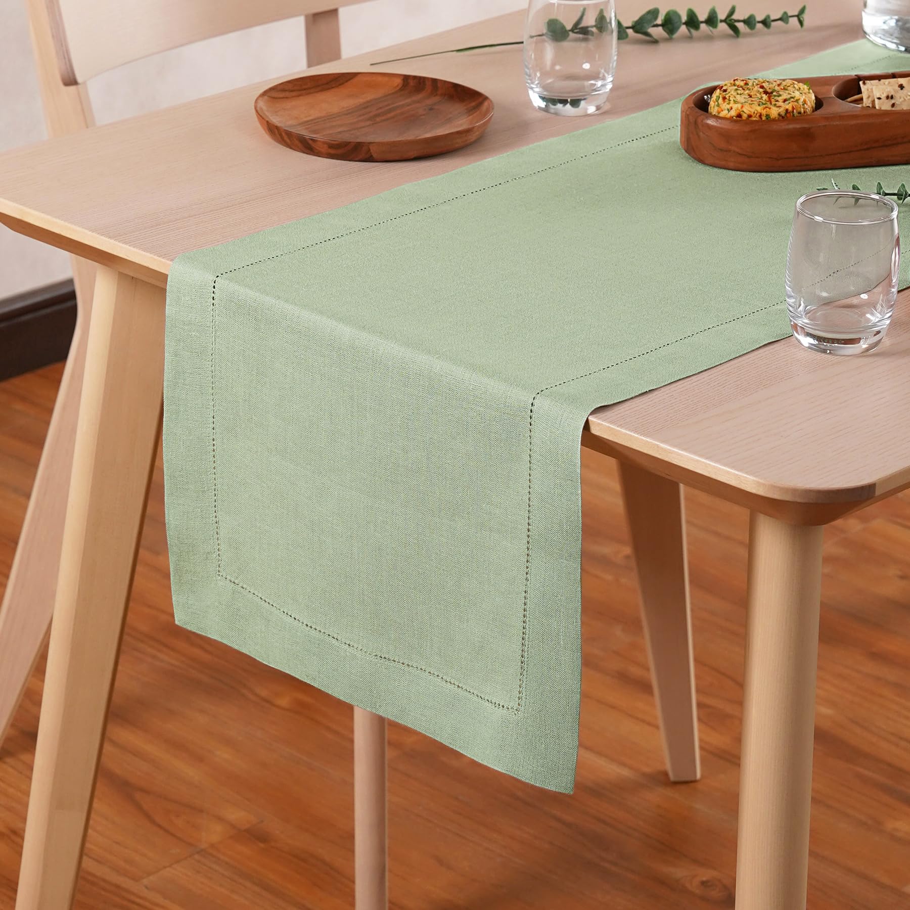 Home Ekaa Elara - Camino de mesa de lino verde salvia, 35,5 x 228 cm de largo, 100 % lino europeo puro, para primavera, Pascua, verano, día de la madre, lavable a máquina, dobladillo Hemstitch