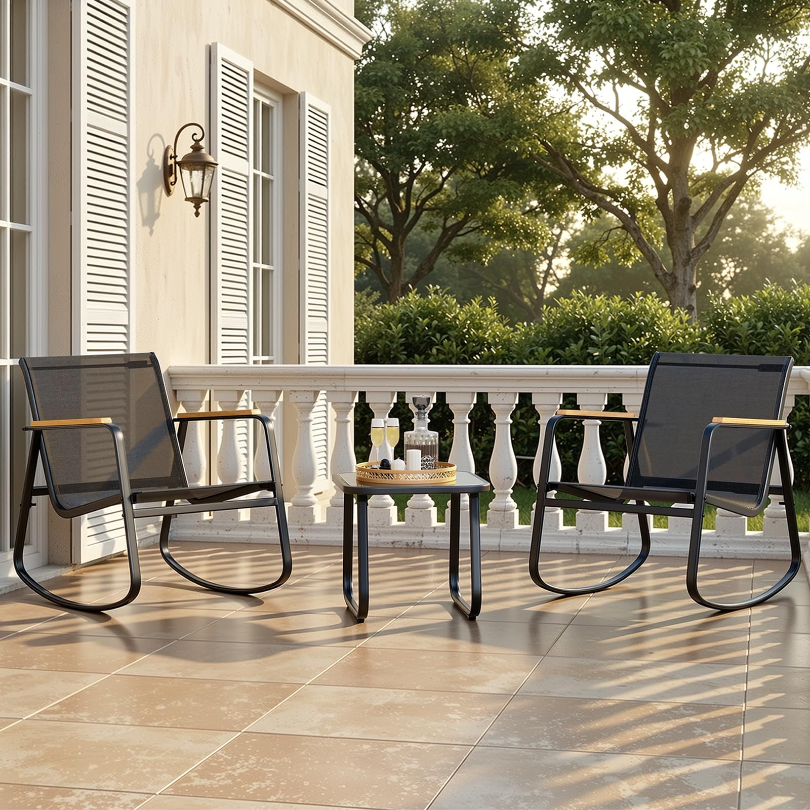 Xbro 3-teiliges Gartenmöbel Set mit 2 Schaukelstühlen und Glastisch, Balkonmöbel aus Teslin mit WPC Armlehnen, wetterfeste Outdoor Möbel für Balkon Terrasse Garten Hinterhof Poolbereich, Schwarz - 2