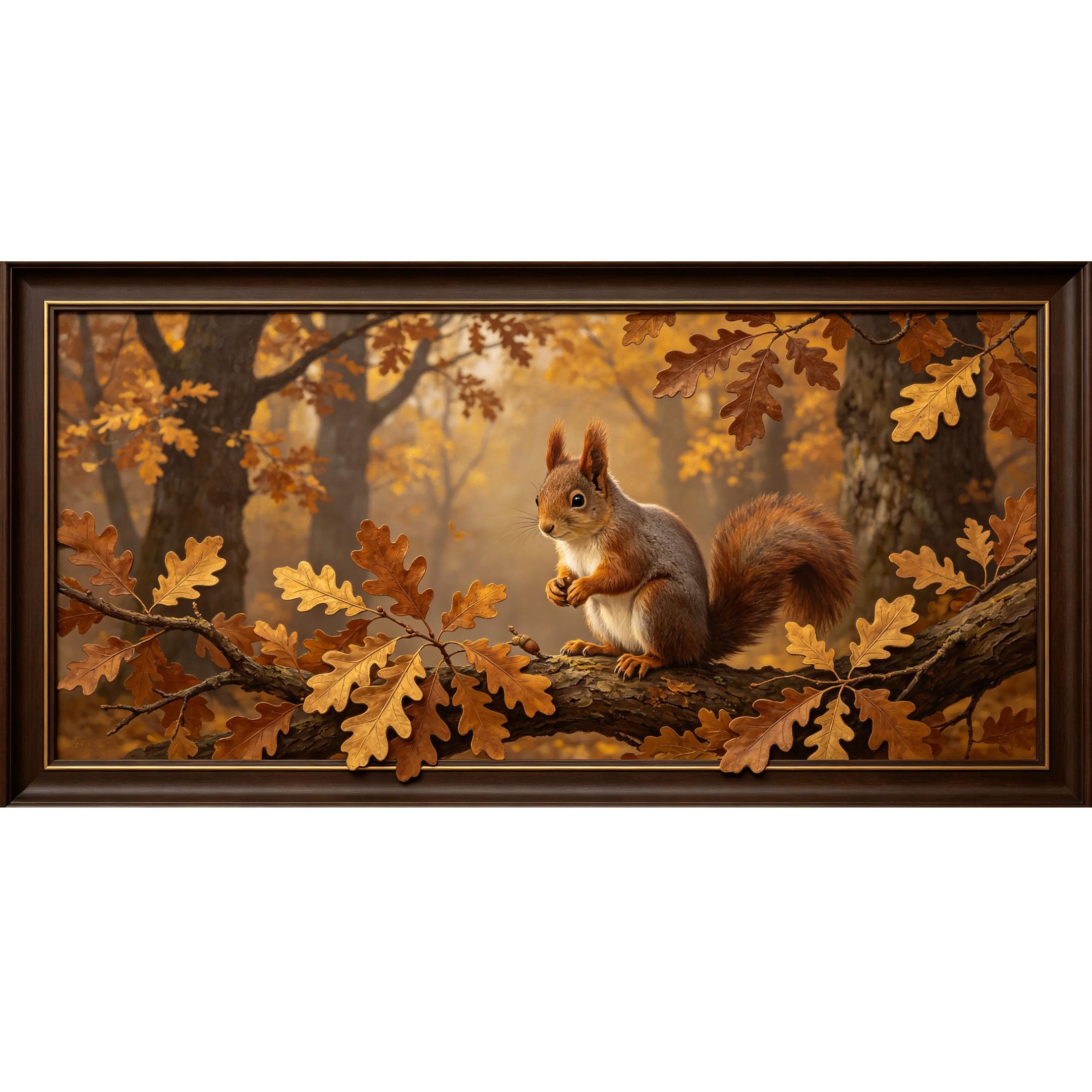 Agglomerix 3D Framed Wall Art Squirrel on Oak Branch Autumn Forest Woodland Landscape Textured Effect Large Size Self-Adhesive Removable Wall Decor Prints Artwork for Living Room Bedroom Office
