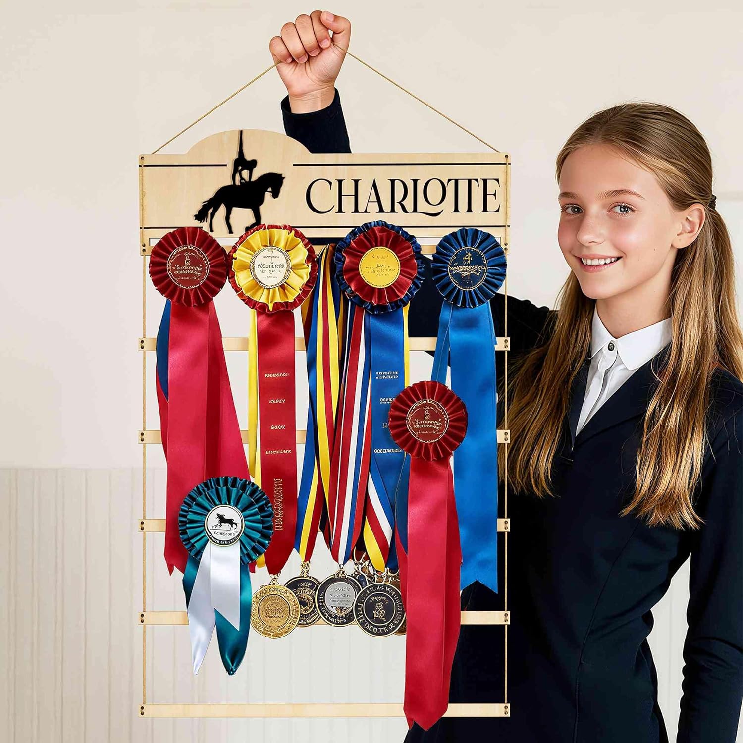 Personalized Horse Show Ribbon Holder with Name - Wooden Equestrian Medal Holder Display Rack for Awards - Custom Name Horse Medal Hanger - Wood Rungs for Medals Equestrian Ribbons Holder for Wall