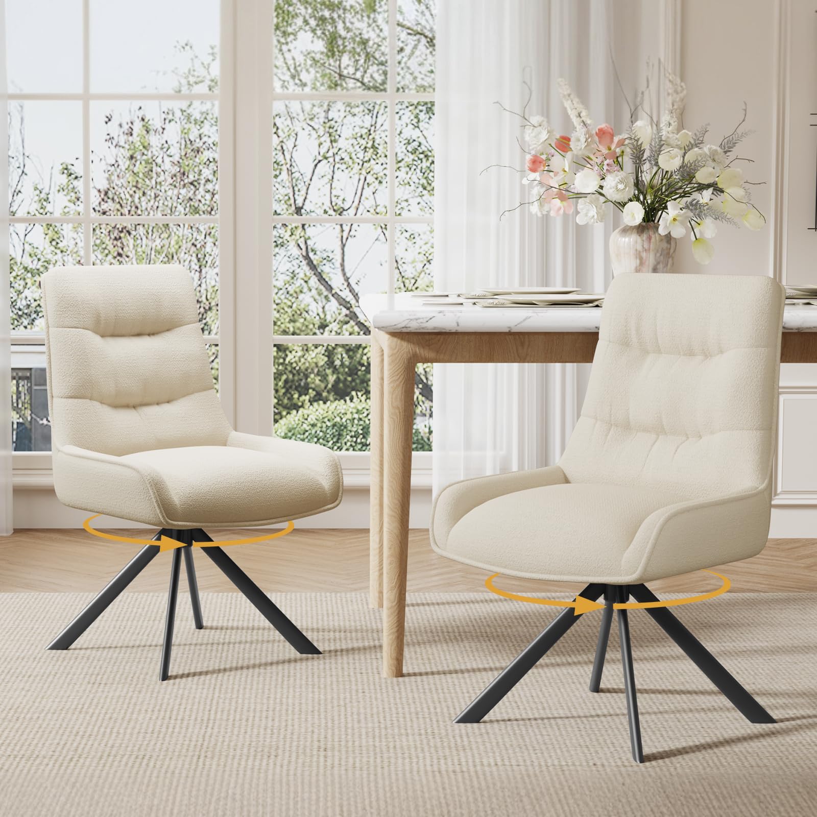 Chaises Pivotante Salle à Manger à 360° Lot de 2, Chaises Fauteuil Salle à Manger, Chaise de Cuisine Rembourrées en Tissu Chenille pour Chambre à Coucher Cuisine Salon, Beige