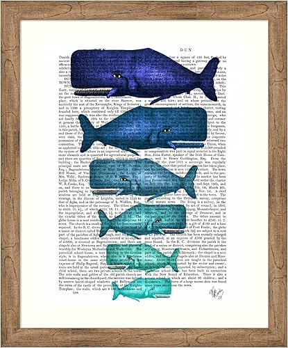 Amanti Art Framed Wall Art Print 36x30 Blue Whale Family by Fab Funky, Animals Wall Art, Vintage Decor, Large Poster Painting Artwork for Living
