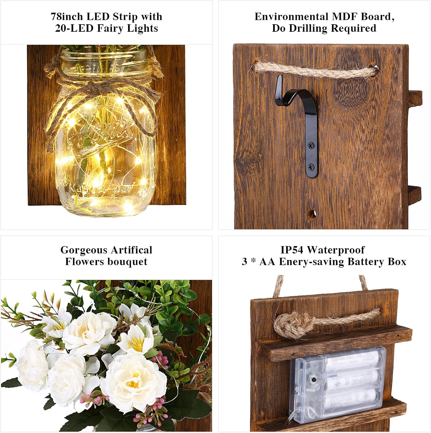 Lightess Wall Decor Mason Jar Sconces with Remote Control, Rustic Home Decor LED Fairy Lights with White Rose, Farmhouse Wall Decorations Lights Set of Two for Dining Room Living Room