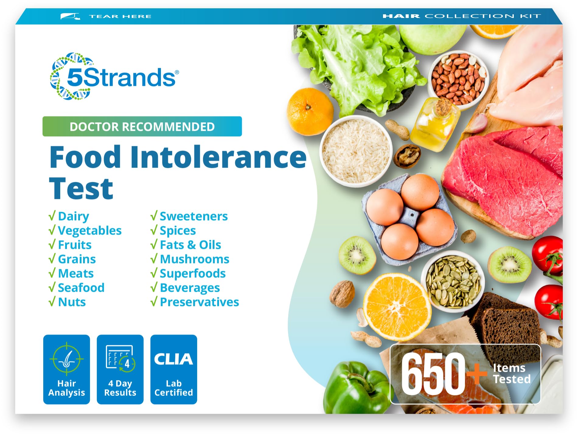 5Strands Food Intolerance Test, Accurate Hair Analysis, 658 Items Tested, at Home Food Sensitivity Test Kit for Adults & Kids, Gut Health Test, Results in 4 Days