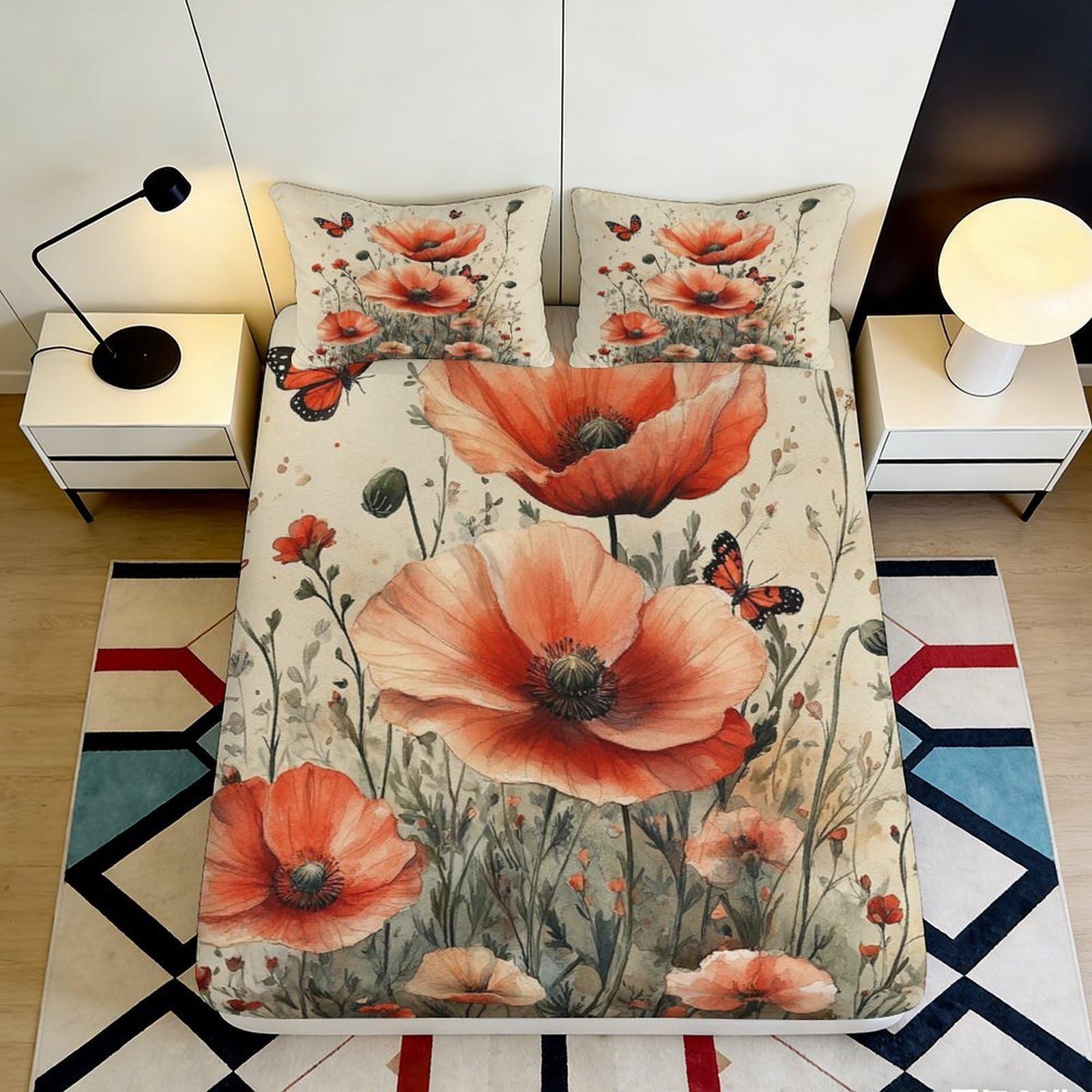 Uxinyoume Style-3 3D Printed Red Poppy Butterfly Fitted Sheet Microfiber Bedroom Decor Bed Cover For Home Guest Room Dorm 90X200x25cm