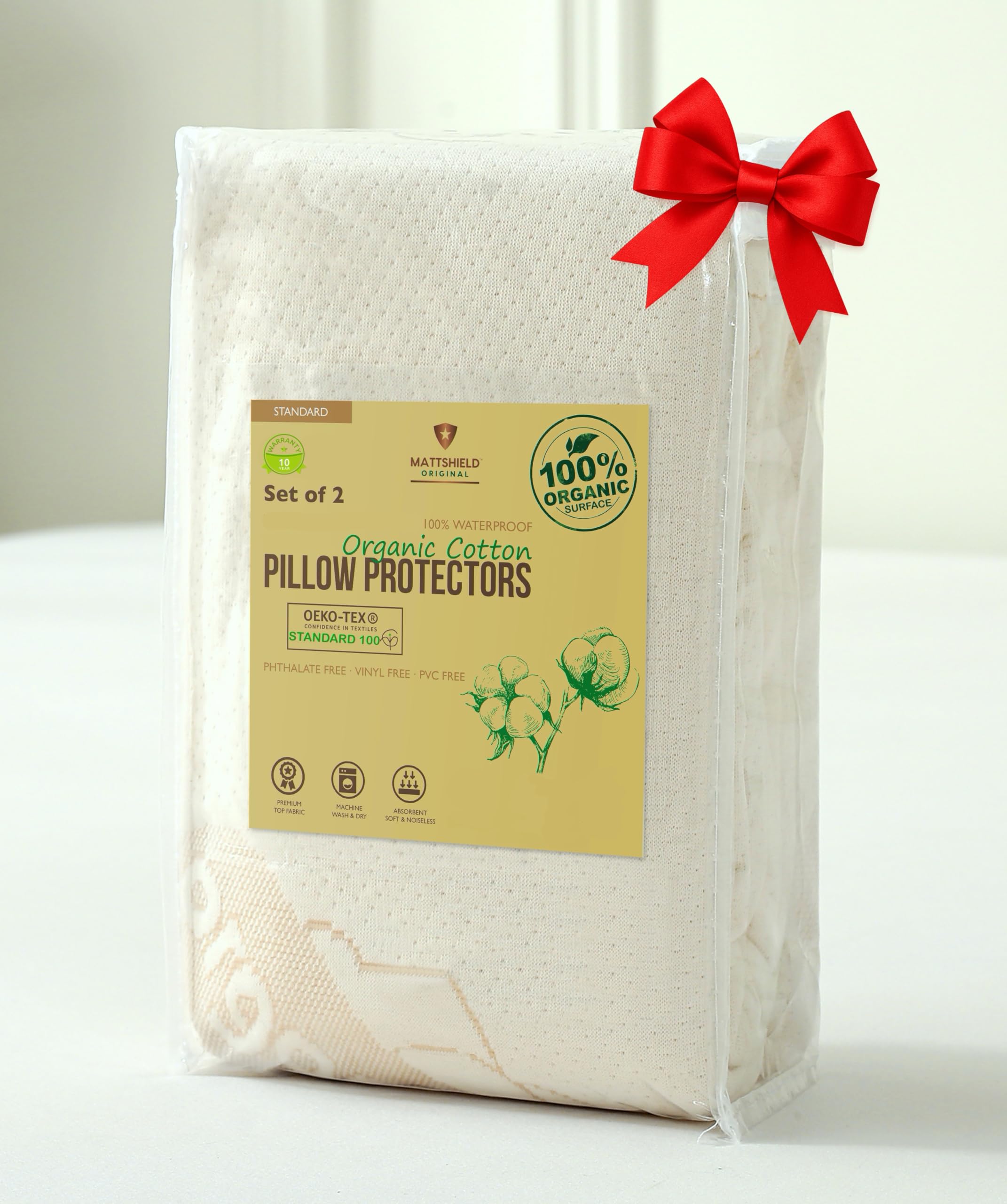 2-Pack Deluxe Organic Cotton Pillow Protectors - Standard - Certified Organic, Waterproof, Zippered Encasement, Soft Knit Fabric, Thick 280 GSM Cotton