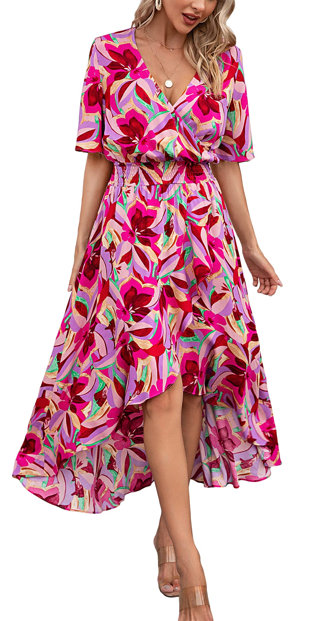 Kormei Womens Short Sleeve Floral Maxi Dress High Low V-Neck Flowy Party Long Dresses