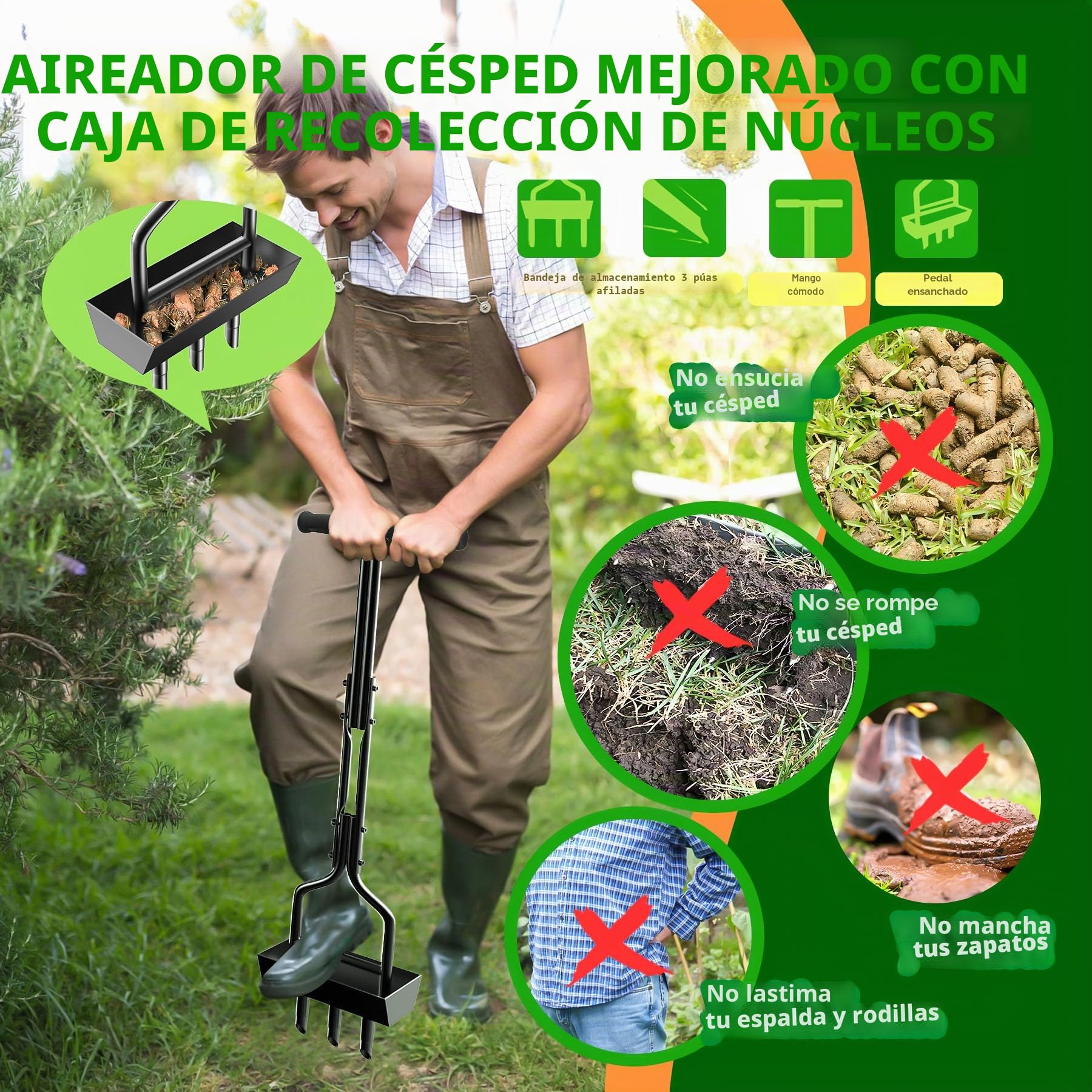 EEIEER Aireador Cesped, Escarificador Cesped Manual Aireador de Césped con Bandeja de Almacenamiento y Herramientas de Jardín, Aireado Pesado Escarificador de Cesped para Compactado del Suelo
