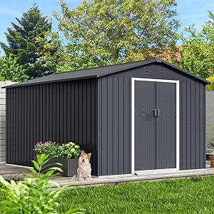 8x15 Ft Outdoor Storage Shed, Steel Utility Tool Shed with Sloped Roof & Lockable Door, Backyard Garden Patio Lawn Outdoor Shed for Organising Tools and Equipment in Yard, Garden, Grey
