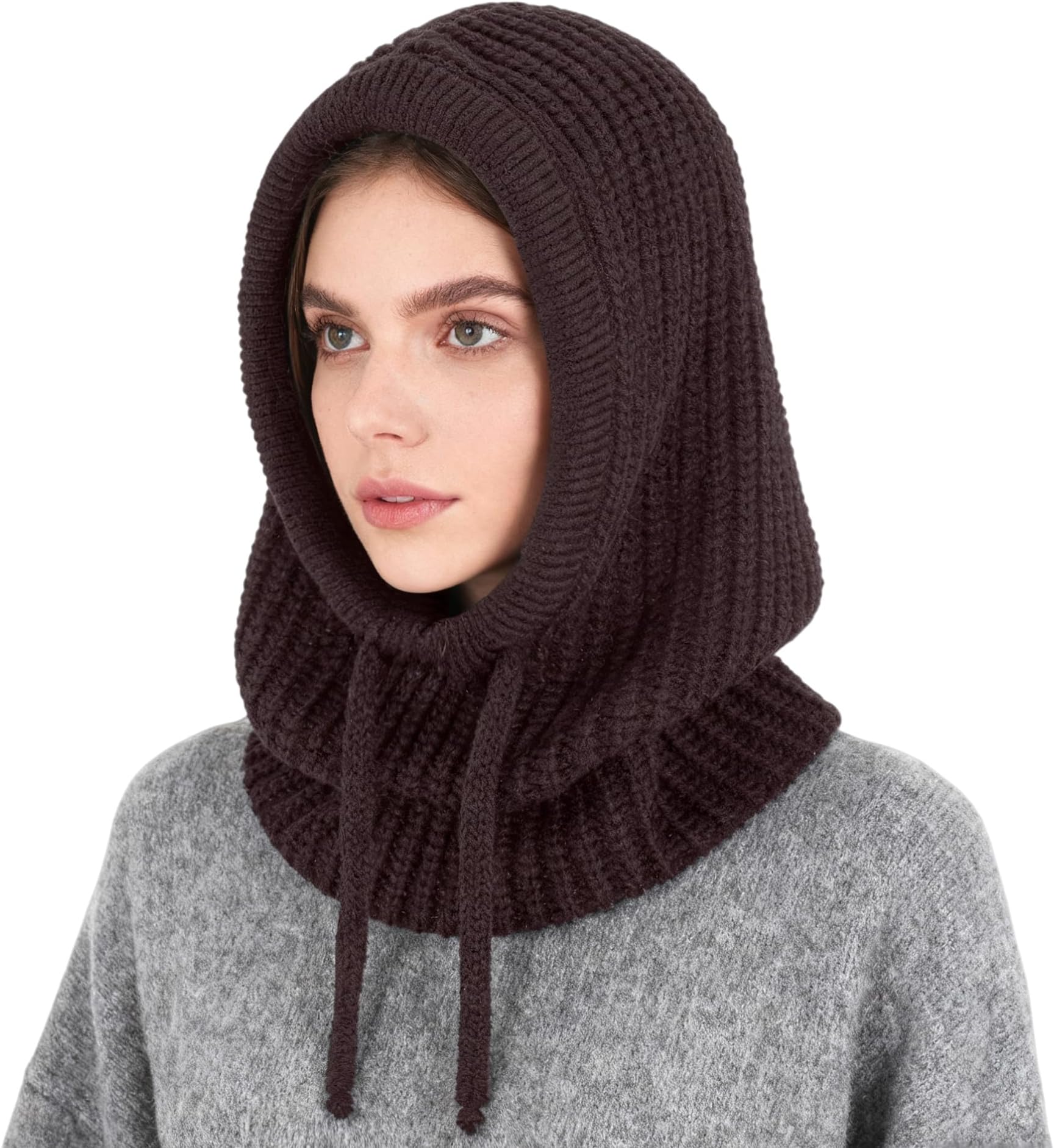 Knit Hooded Scarf Hat Pullover Balaclava Beanie Skull Cap with Drawstring Neck Gaiter Hood Winter Hats for Women