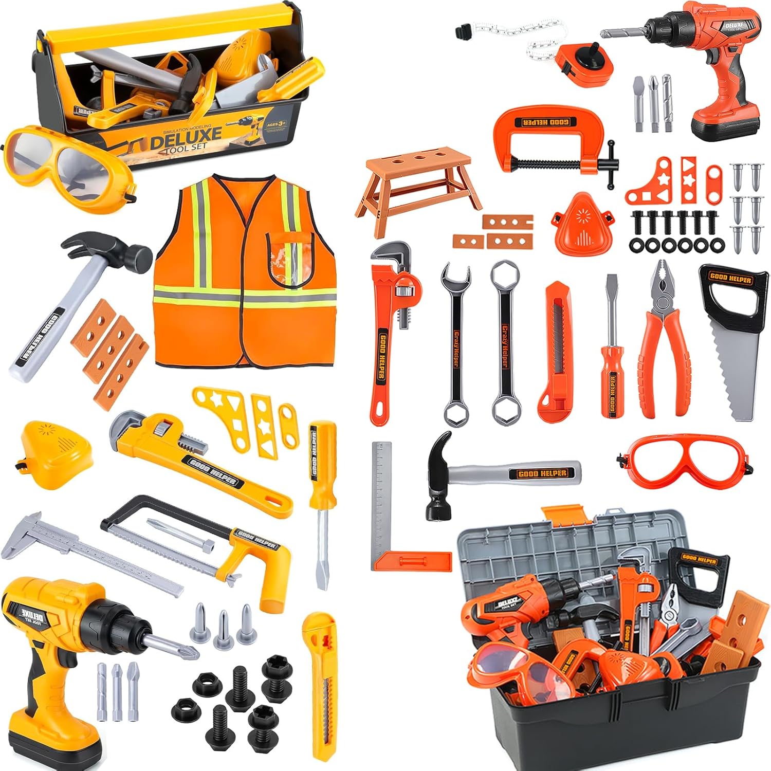 Zealous 48 pcs Toddler Tool Set with Tool Box & Electronic Toy Drill + Construction Worker Costume