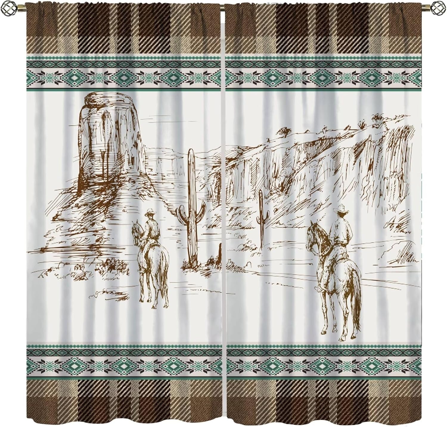 Western Cowboy Curtain,Farmhouse Country Horse Aztec Abstract Brown Plaid Window Treatment Curtains Kitchen Dining Room Bedroom Living Room Office Cafe Drapes, 72x63 in