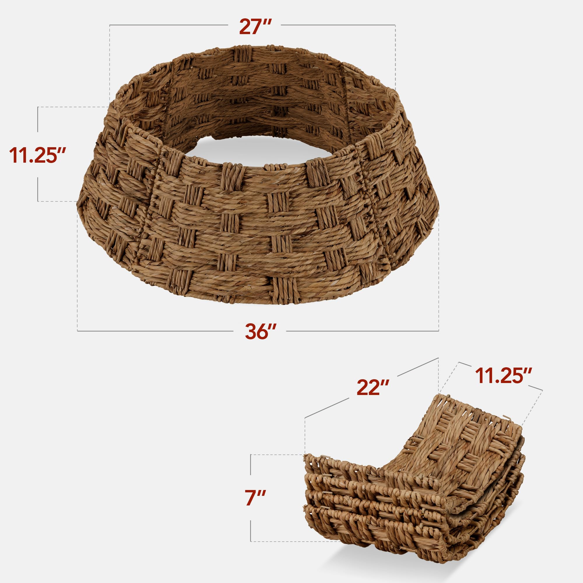 Condition photo showing New/Like New for best choice products 36in christmas tree collar, basket woven hyacinth 3-piece holiday rattan tree skirt accessory for home w/cord cut-out - chestnut