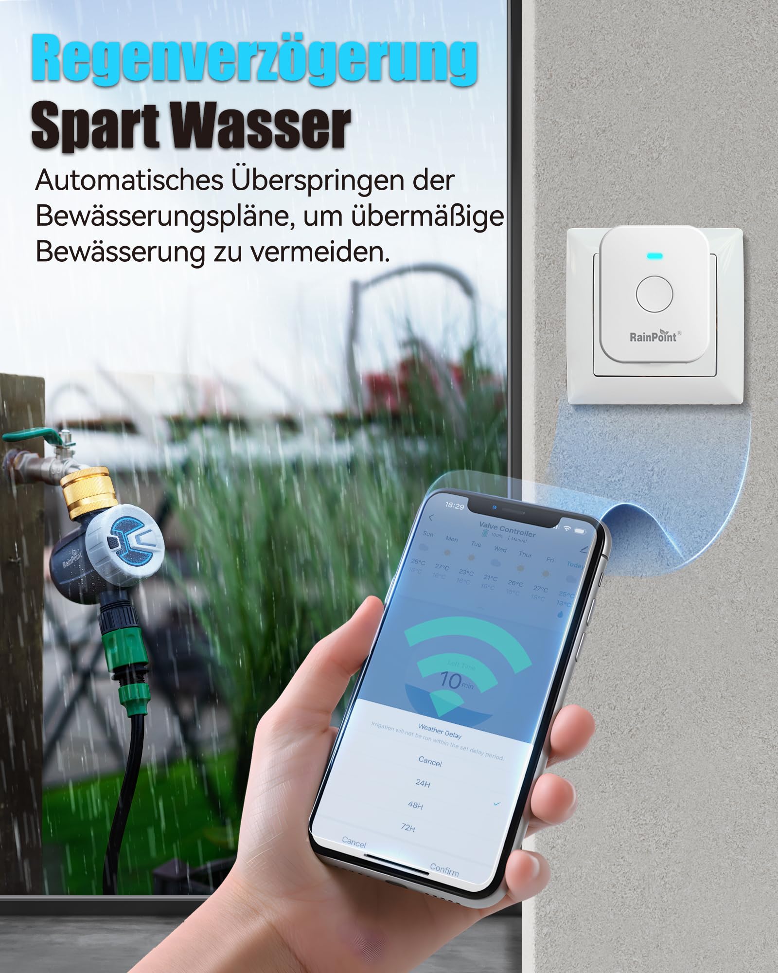 RAINPOINT Programador Riego WiFi, Temporizador Riego Automatico WiFi con Entrada de Latón, Modo de Ciclo y Remojo, Control Remoto App a través de WLAN de 2,4 GHz o Bluetooth, para Césped y Jardín