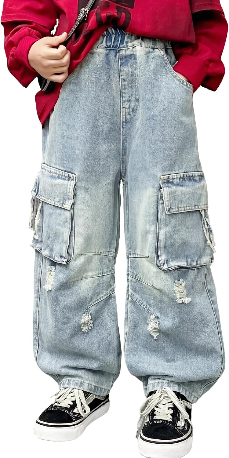 Boys Baggy Jeans Wide Leg Cargo Denim Pants with Pockets Elastic Cotton Trousers Fashion Loose Jeans 4-14 Years
