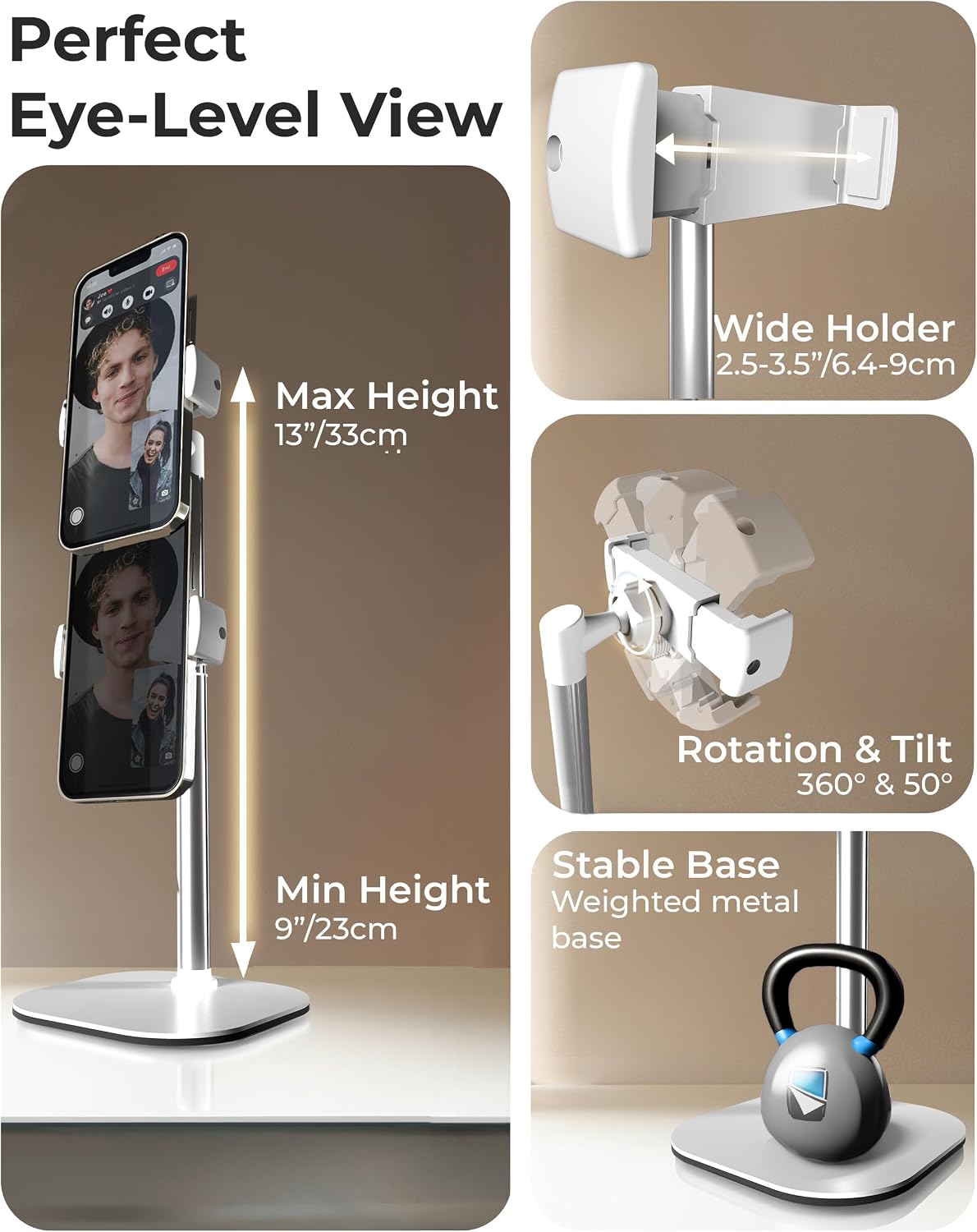 COOPER ChatStand, Adjustable Cell Phone Stand for Desk, Phone Stand for Recording, iPhone Holder for Filming, Small Tripod for iPhone, Fits Samsung, Android Smartphones, (Frost White)