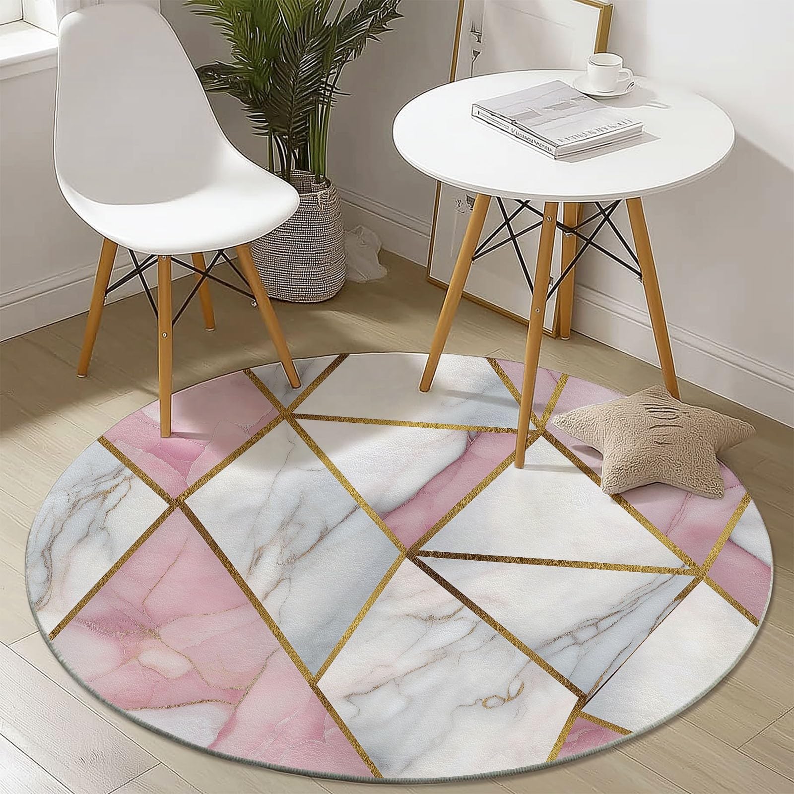 Tappeto rotondo da 210 cm, tappeto moderno antiscivolo, in flanella per interni, lavabile, morbido, per cameretta dei bambini, stanza dei giochi, camera da letto, 210 cm, colore: rosa e bianco