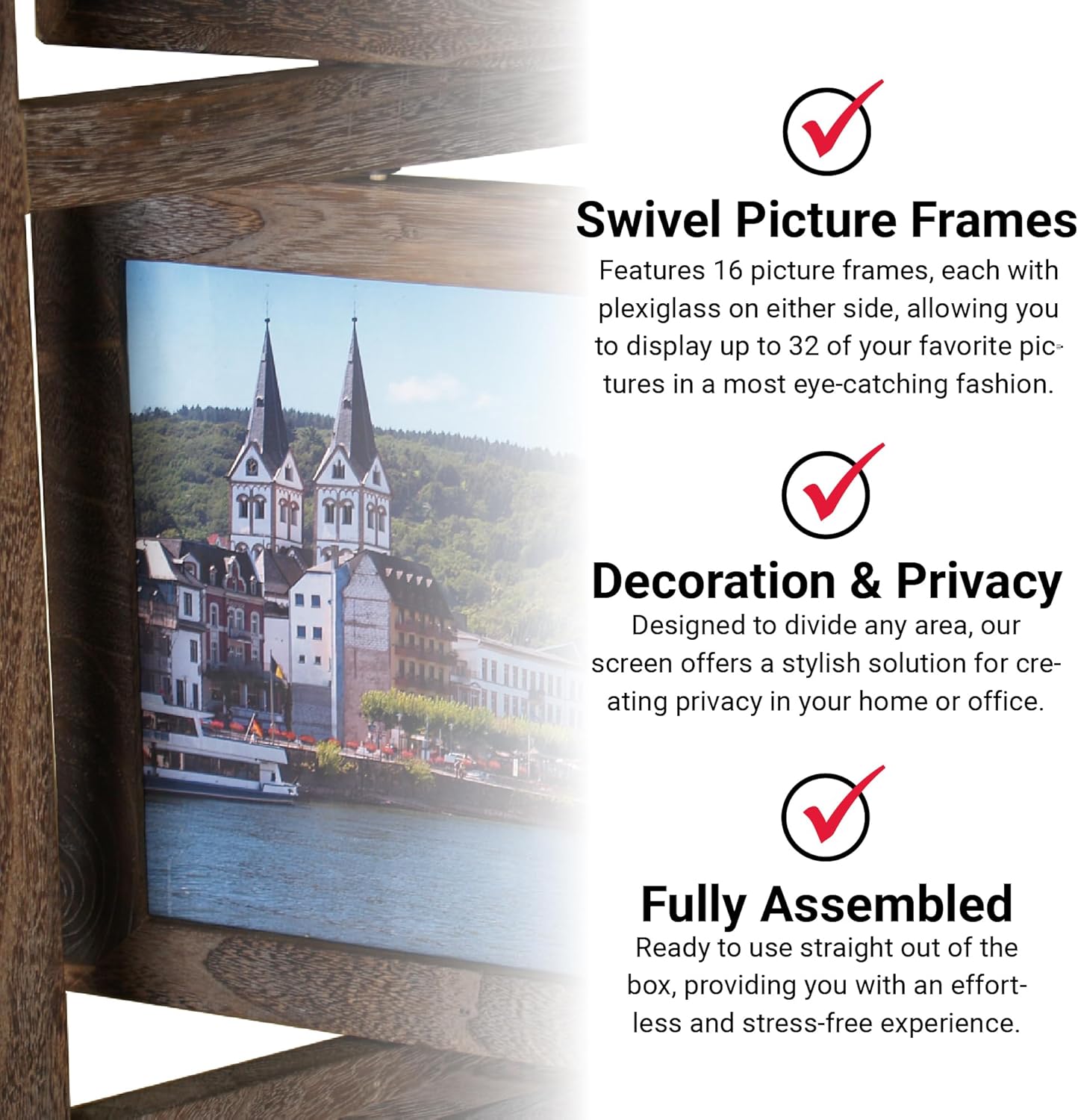 Proman Products Oscar II Scenic 4 Panel Folding Screen Room Divider with 16 Picture Frames to Display 32 Pictures, Paulownia Wood, Smoked Brown Finish, 54" W x 1" D x 67" H (Max Extends)