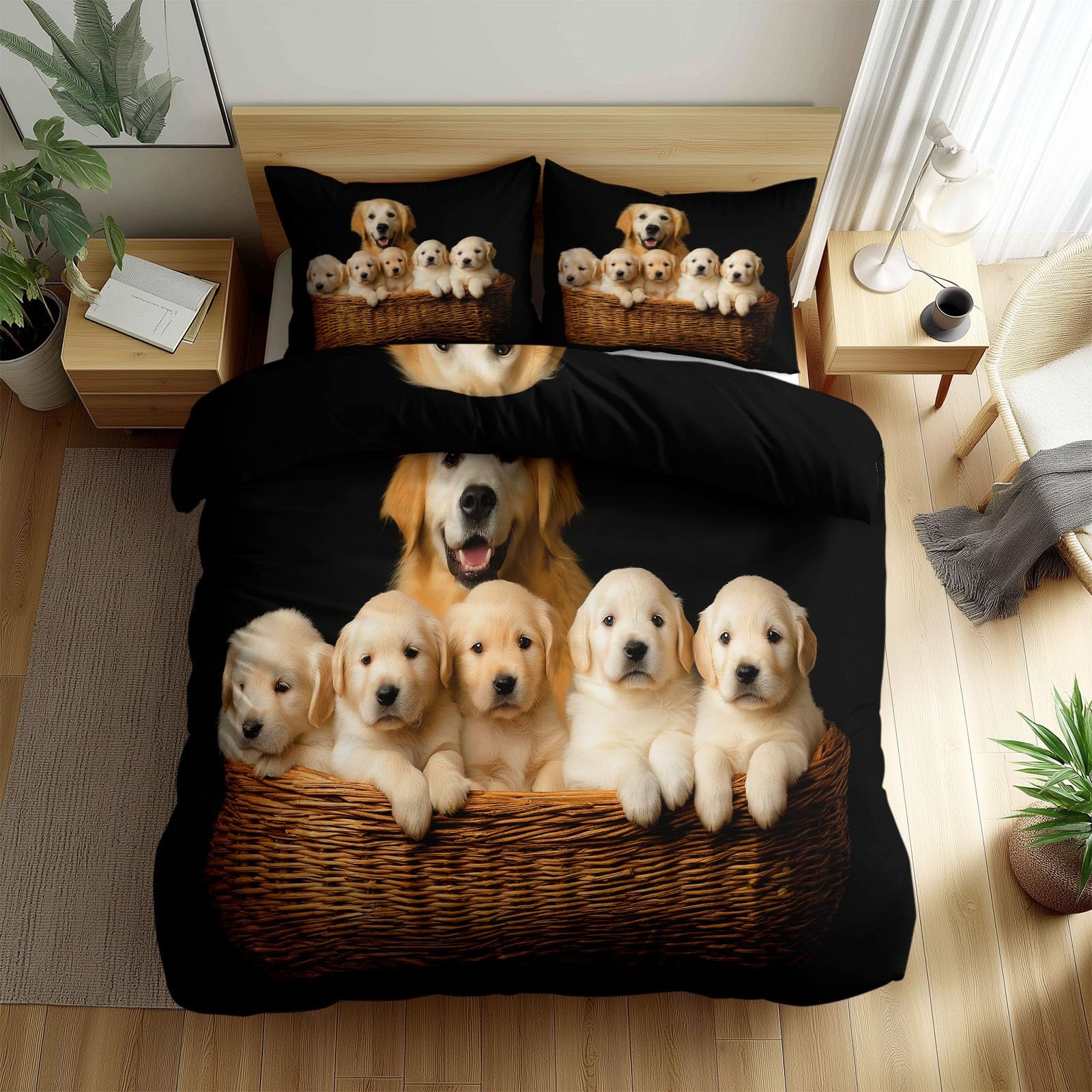 Poszwa na kołdrę Łóżko 105 Zwierząt Rodzina Golden Retriever 200 x 200 cm Miękki zestaw pościeli, czarny zestaw poszewek z mikrofibry Edredon i 2 poszewki na poduszki, łatwa pielęgnacja