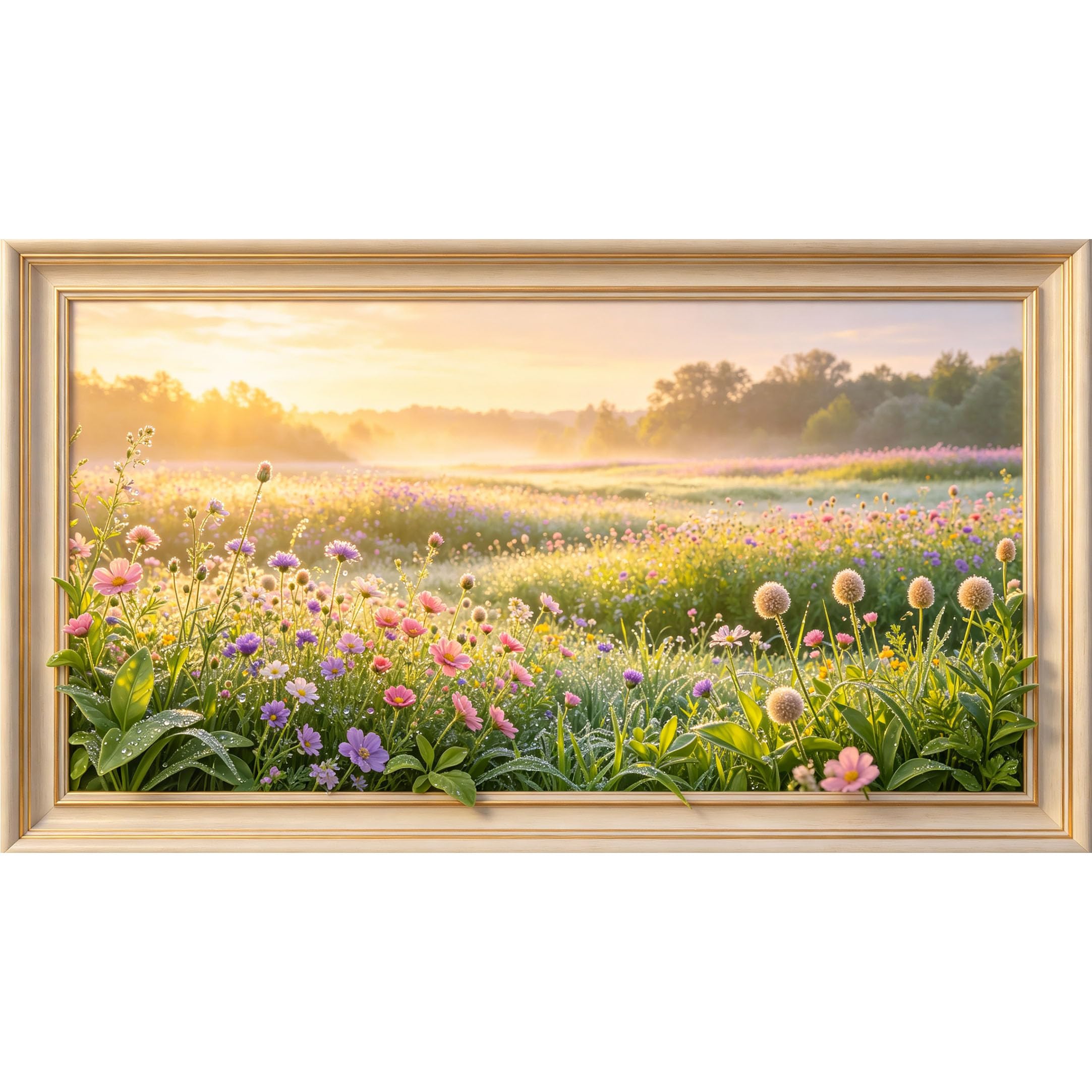 QZLITHOTIC 50x90cm3D Framed Wall Art， Sunrise Wildflower Meadow Landscape Self‑Adhesive Mural， Water‑Activated Peel & Stick Fabric Decor Wall Decal for Bedroom Living Room