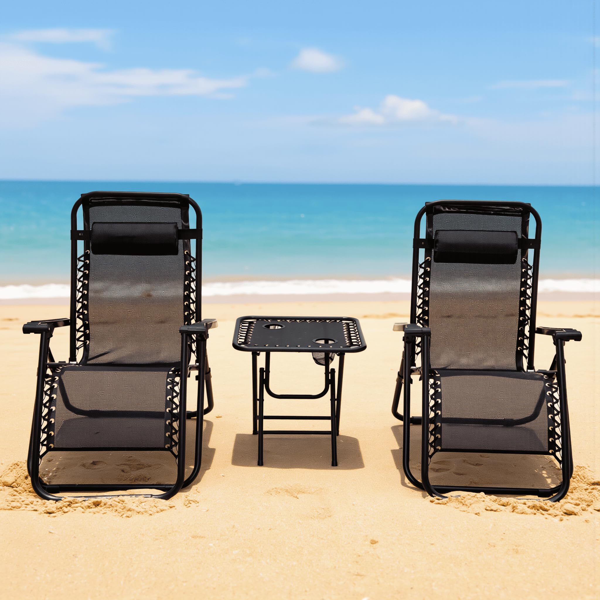 Set 2 Sdraio Zero Gravity con Tavolino 3 Pezzi – Sedia Reclinabile Pieghevole Textilene Nero – Schienale Bloccabile – Portata 120 kg – Arredo Giardino Terrazzo Piscina Mare Spiaggia