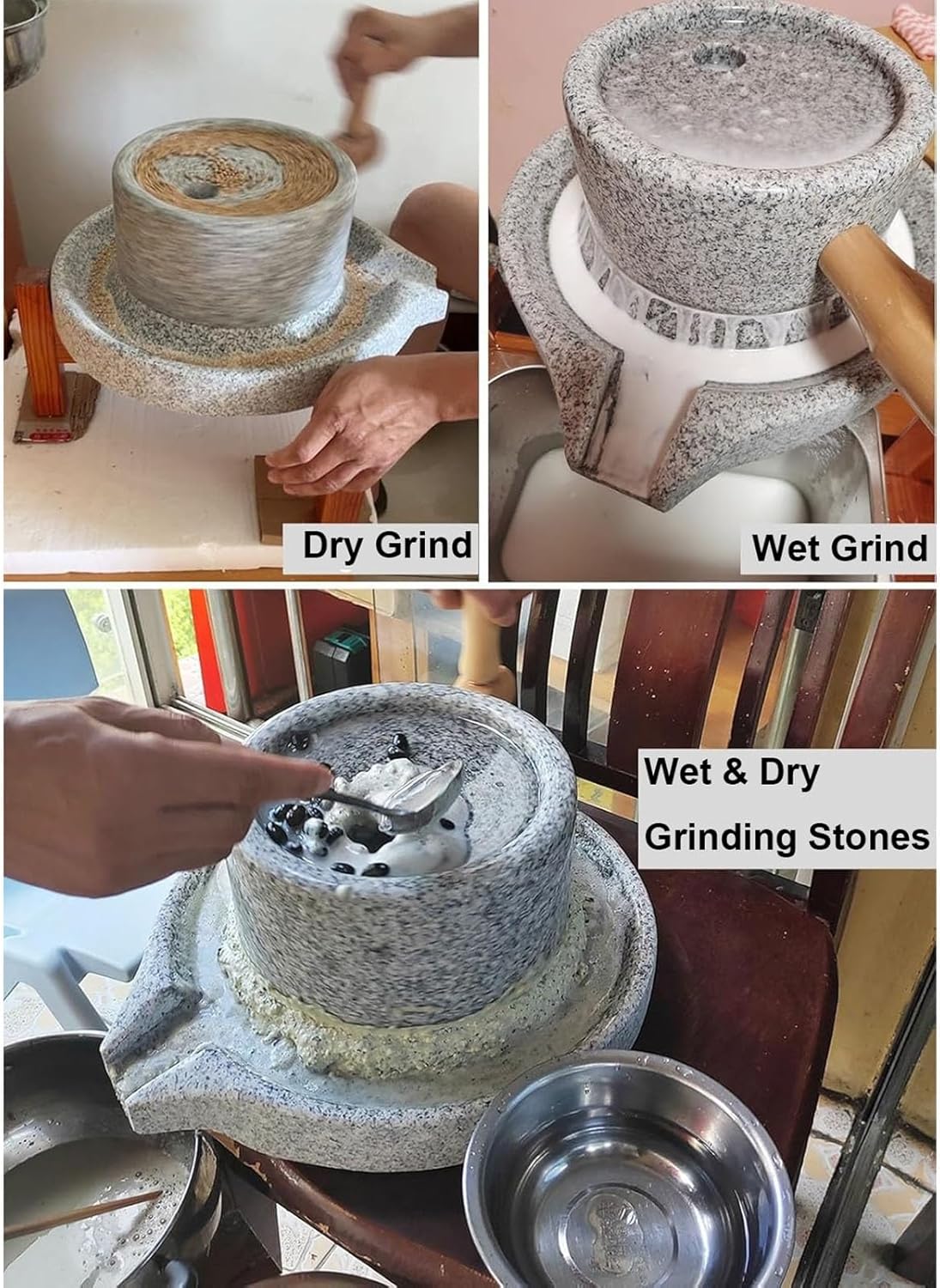 Hand Grain Mill Stone Grinder Food Pulverizer Paste Mill, Wet Dry Cereal Bluestone Mill for Grinding Wheat Mustard Seed Spices Beans Coffee, Physically Polished Granite Stone with Wood Frame(L (25cmx4