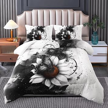 Dark Floral Bedding Twin Comforter Sets,Black and White Flower Bed Botanical Bedding Pretty Comforter Set Twin,Floral Quilt Room Decor for Women,1 Quilt Set with 2 Pillowcase.