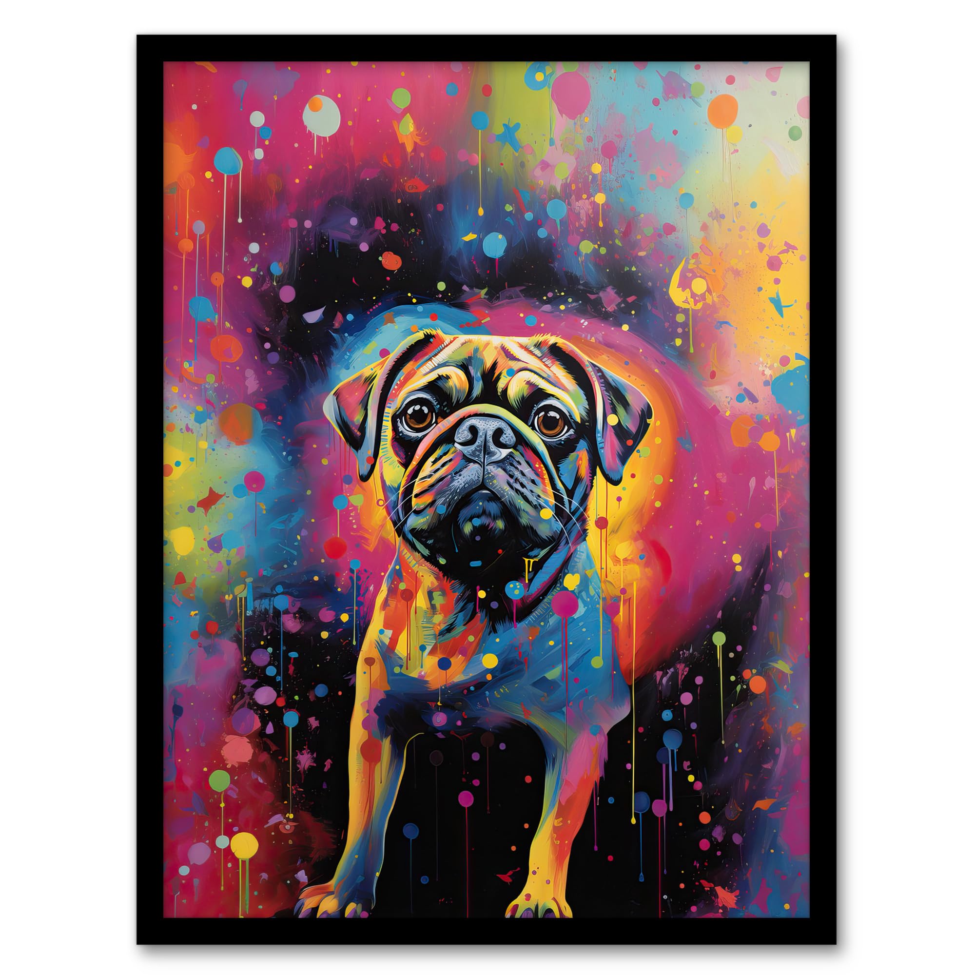 Artery8 Pug Dog Lover Gift Pet Portrait Colourful Neon Artwork Painting Artwork Framed Wall Art Print A4
