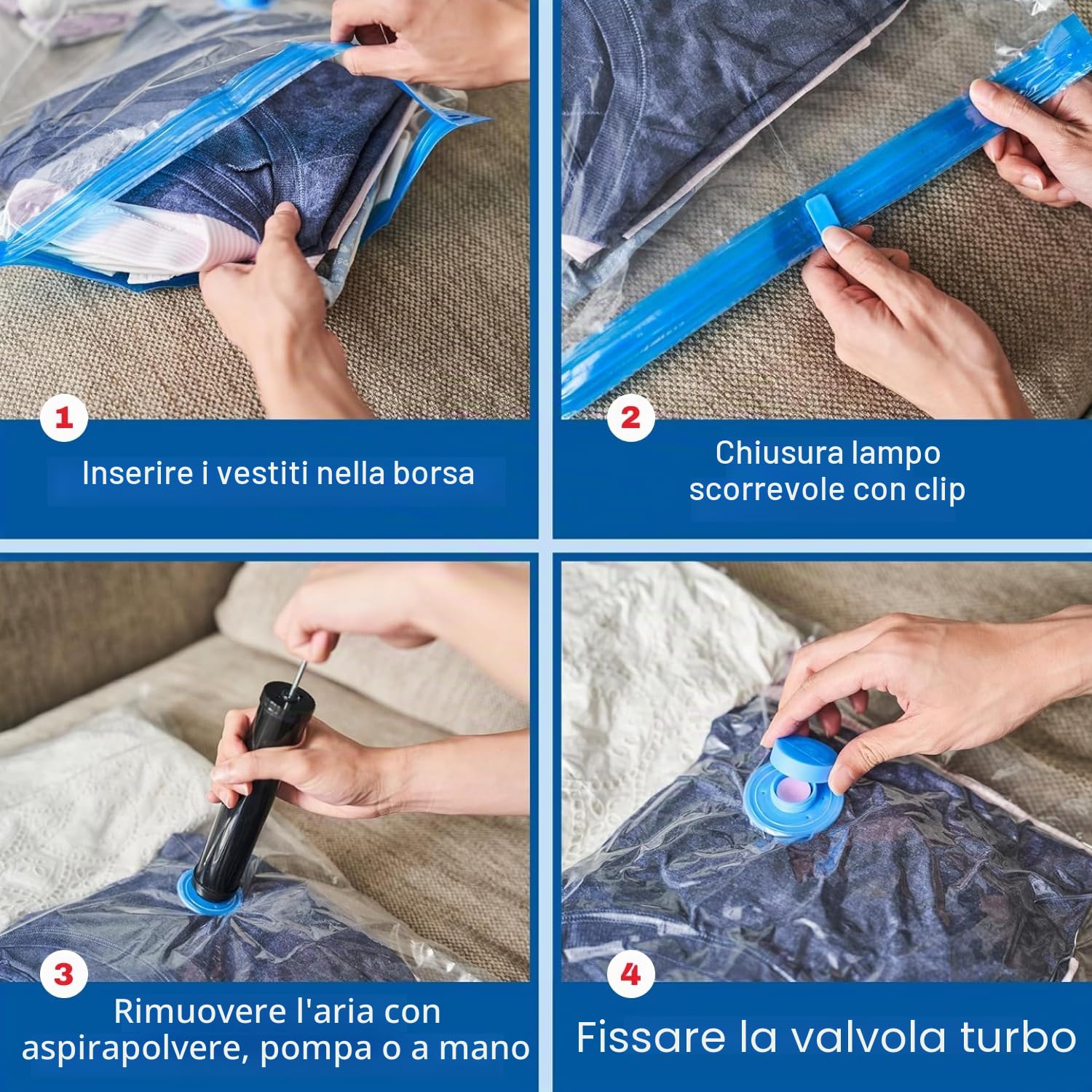 Spacesaver Premium Sacchetti Sottovuoto, 80% in più di Stoccaggio, Pompa a Mano per Viaggio, Doppia Chiusura, Tripla Valvola Turbo-Guarnizione per il Massimo Risparmio di Spazio-Medi 4 Pezzi