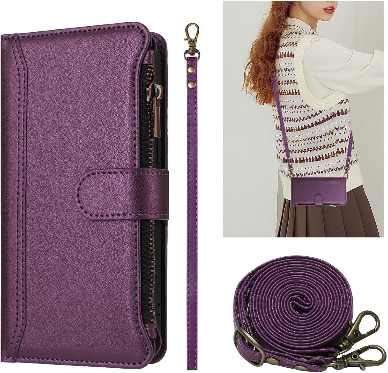 Asuwish Phone Case for Samsung Galaxy S22 Plus S22+ 5G Wallet Cover with Tempered Glass Screen Protector Crossbody Leather Flip Zipper Credit Card Holder Cell S22+5G S22plus 22S + S 22 22+ Men Purple - Image 3