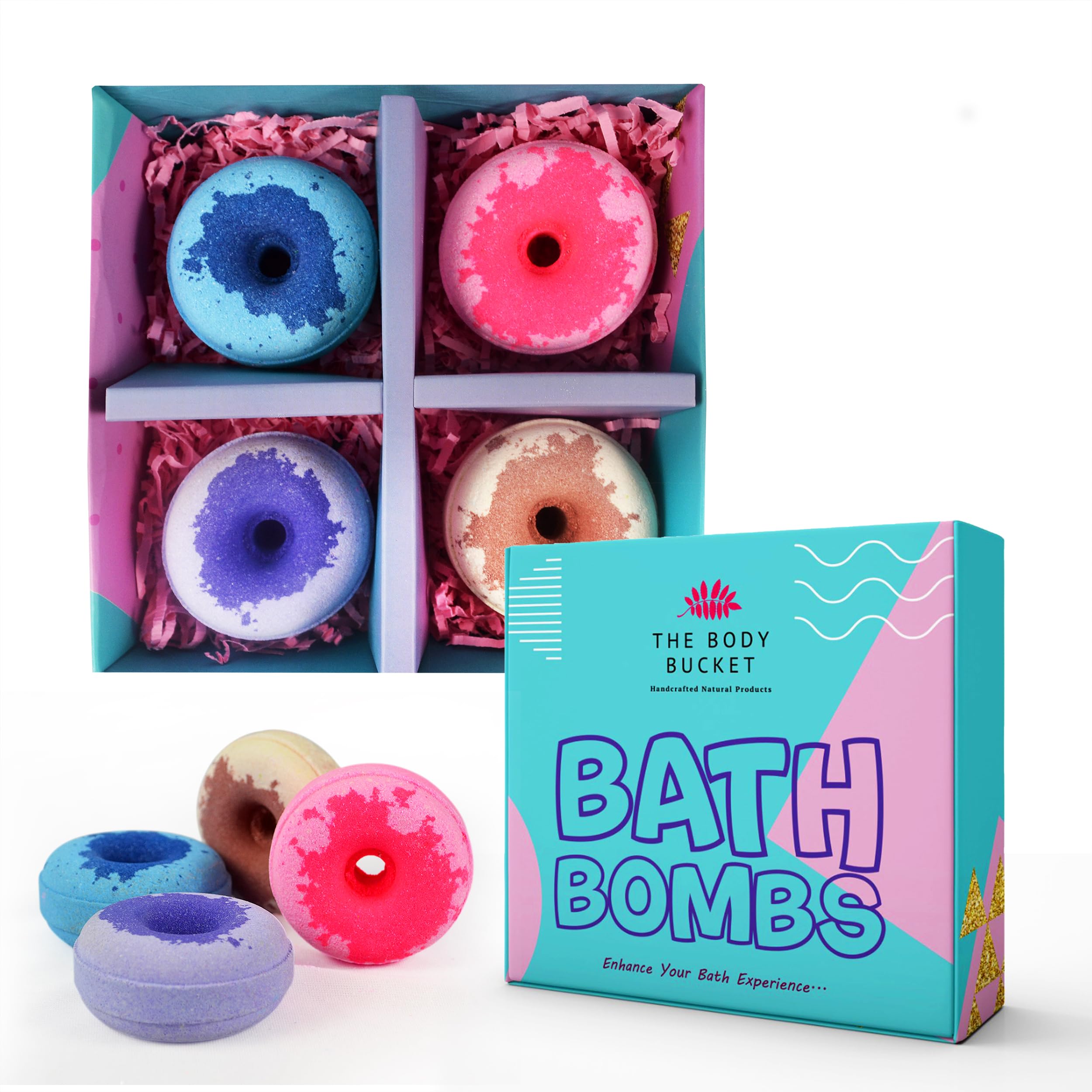 Aqua, Rose, Lavender & Vanilla Donut Bath Bombs | All Natural Handcrafted with Aromatic Fragrance - Bath Gift for Kids, Men & Women– 65 gm each (Pack of 4)