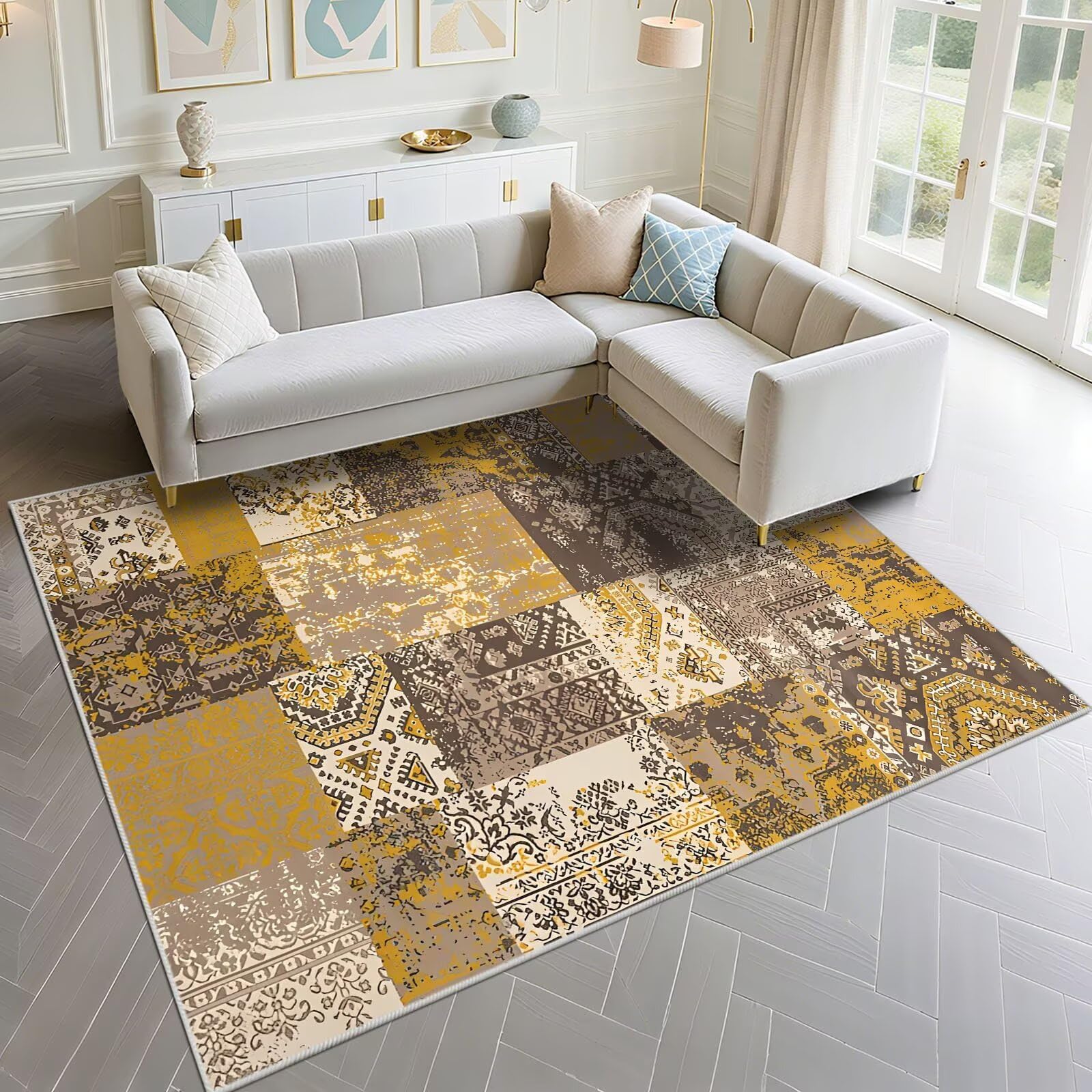 Tapis de salon marron impression vintage jaune pour la cuisine