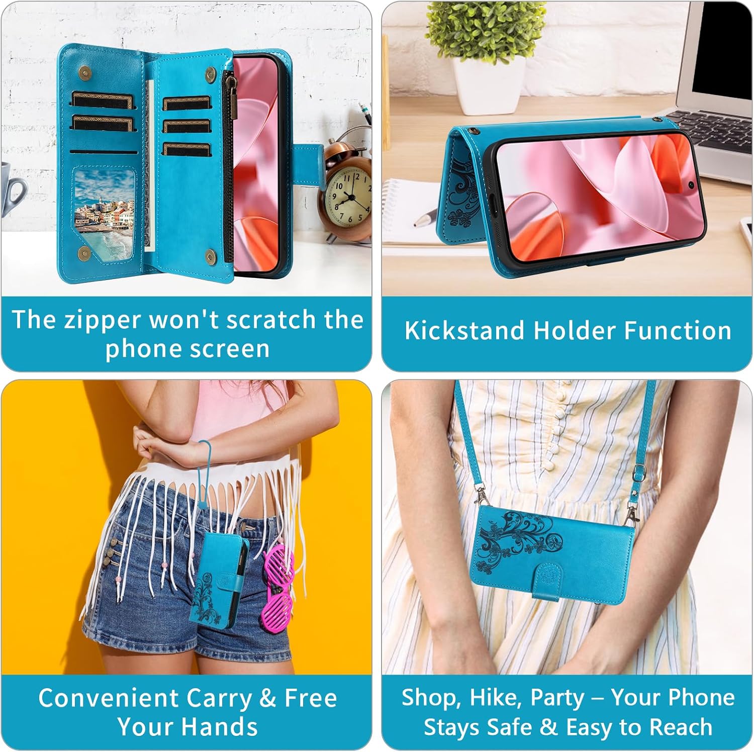 Asuwish Phone Case for Google Pixel 9/9 Pro 5G Zipper Wallet Magnetic Detachable Cell Cover with Tempered Glass Screen Protector Crossbody Lanyard Strap Flower Card Holder Pixel9 9Pro Nine Women Blue