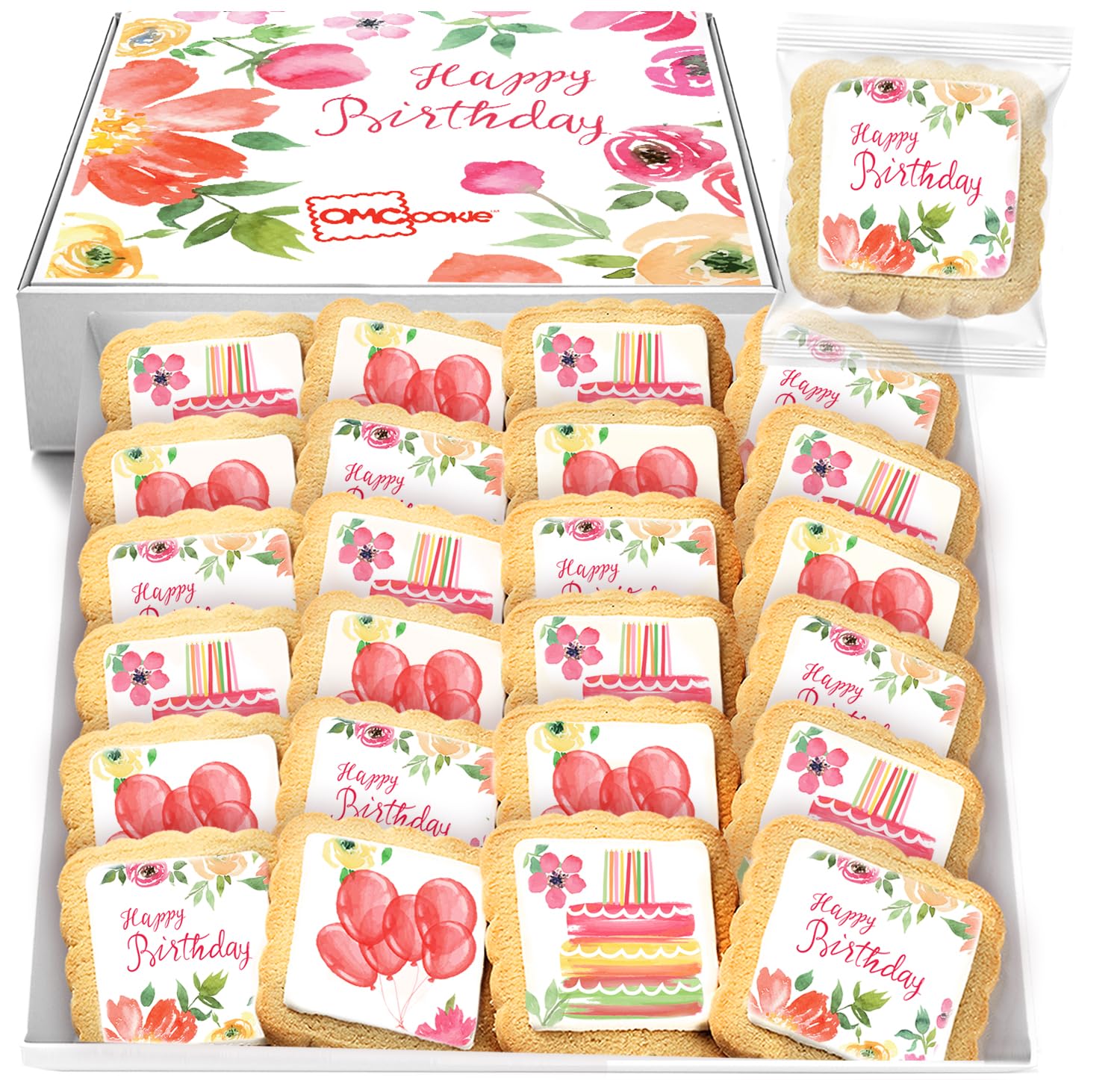 Happy Birthday Cookies Party Favors For Women Girls Her | Individually Wrapped | Bulk 24 Pack | Decorated Sugar Cookie Floral Flowers | Gift Basket