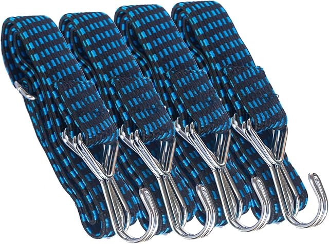 Adjustable Flat Bungee Cords With Hooks, Bungee Straps with Anti-Rust Metal Buckle for Bike Mountain Luggage Rope Latex Heavy Duty Straps Elastic (4 pack 1M Blue)
