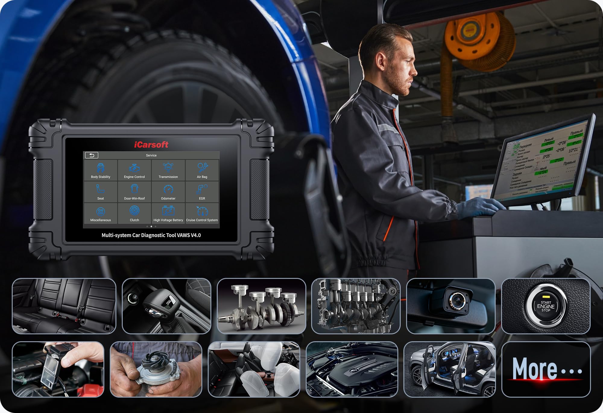 iCarsoft VAWS V4.0 Diagnosegerät für VW Audi Skoda Seat – Profi OBD2 Scanner mit Service Reset, Fehlercode-Auslese/Löschen, Ölservice, EPB, DPF, Batterie-Test, Vollsystem Diagnose Tool