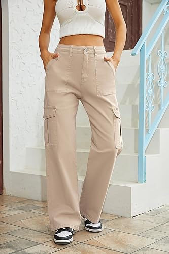 Miniatura 3 de QYANGG - Pantalones cargo de cintura alta elásticos para mujer, holgados, múltiples bolsillos, ajuste relajado, pierna recta y ancha, pantalones Y2K