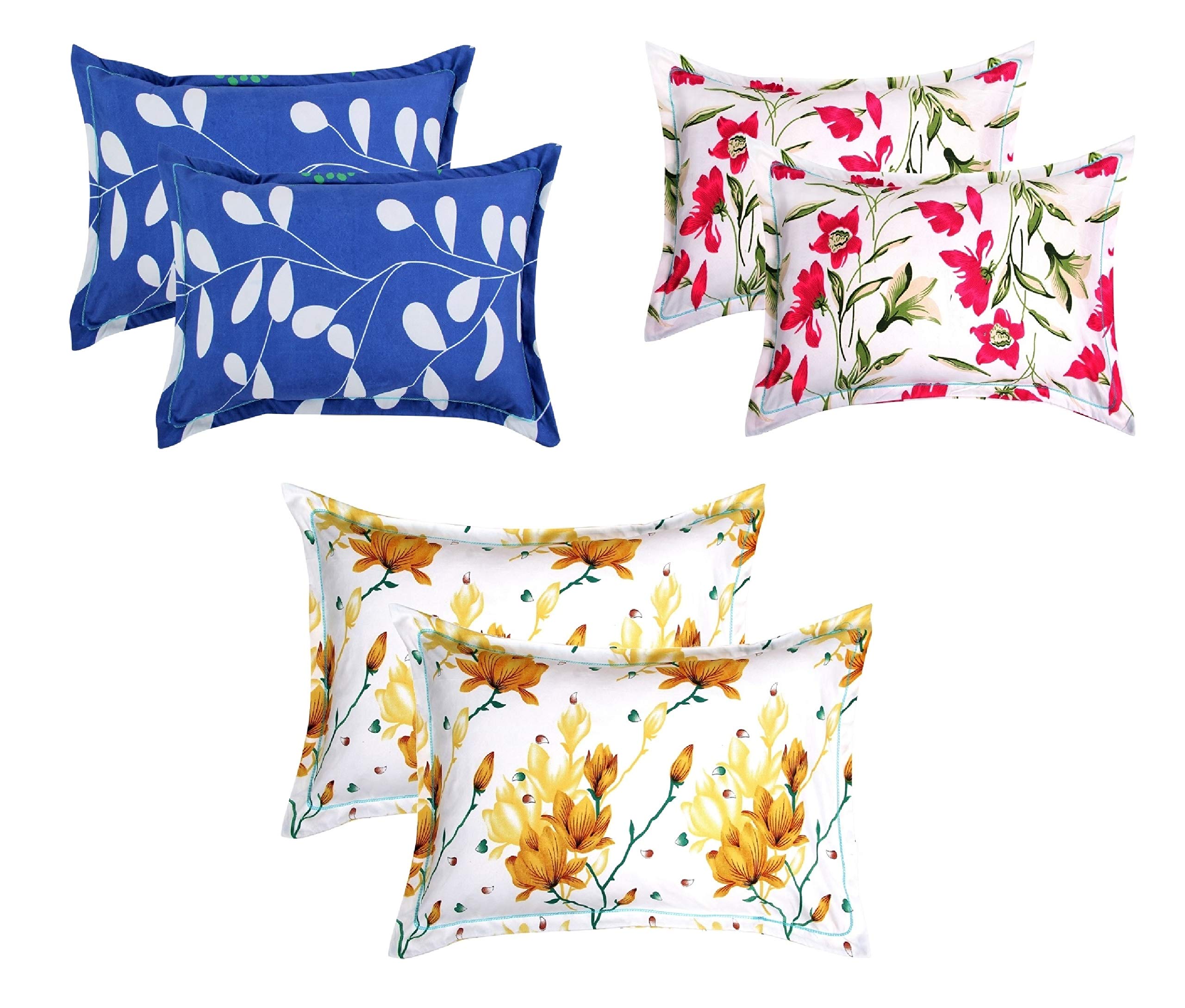 BSB Home Cotton 105 TC Pillow Cover, 20 x 30 Inch, Blue, Yellow, Maroon, 6 Pieces