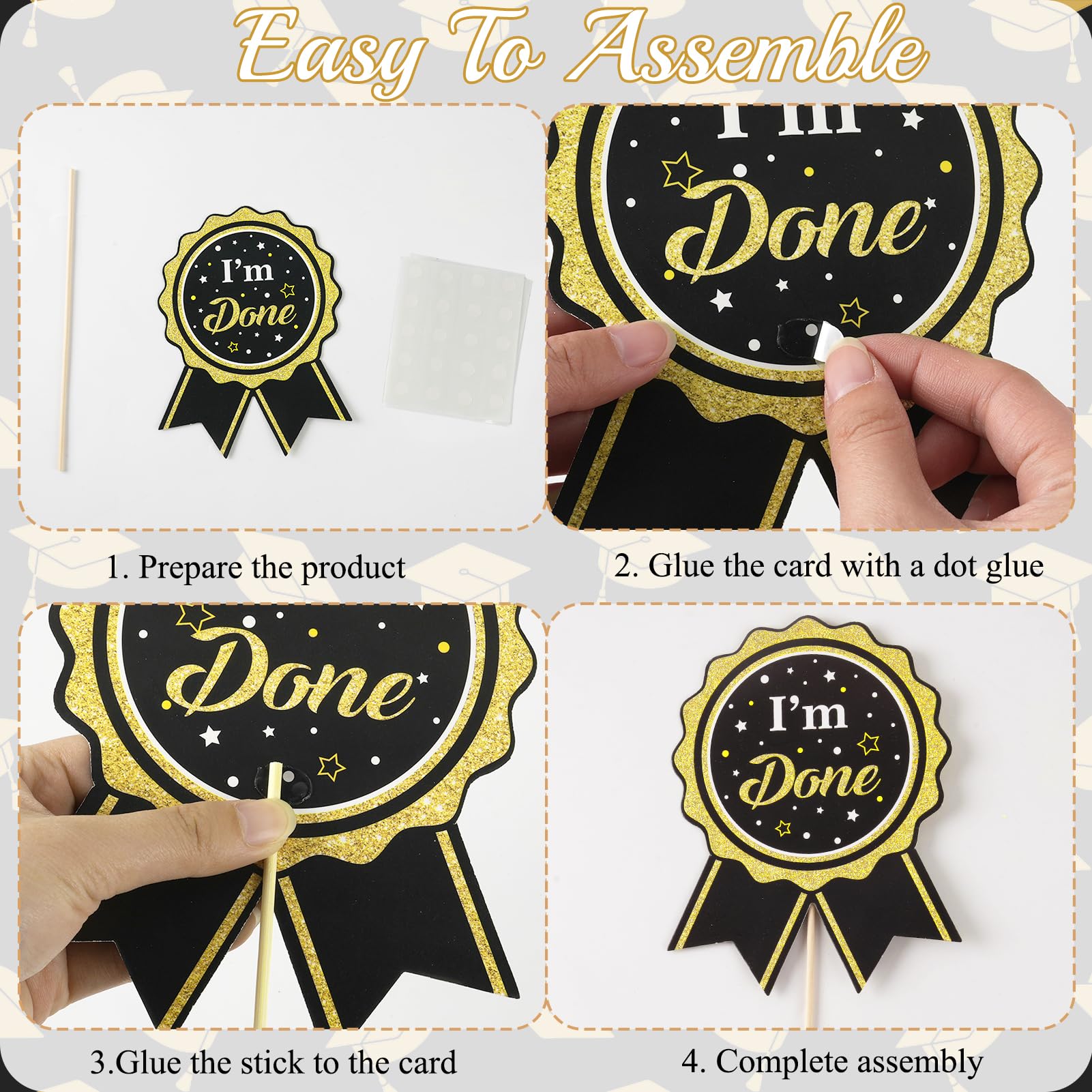 Ylapagne 9-Pack Graduation Cake Toppers – Black & Gold Acrylic GRAD 2024 Caps, 5 Inch Tall