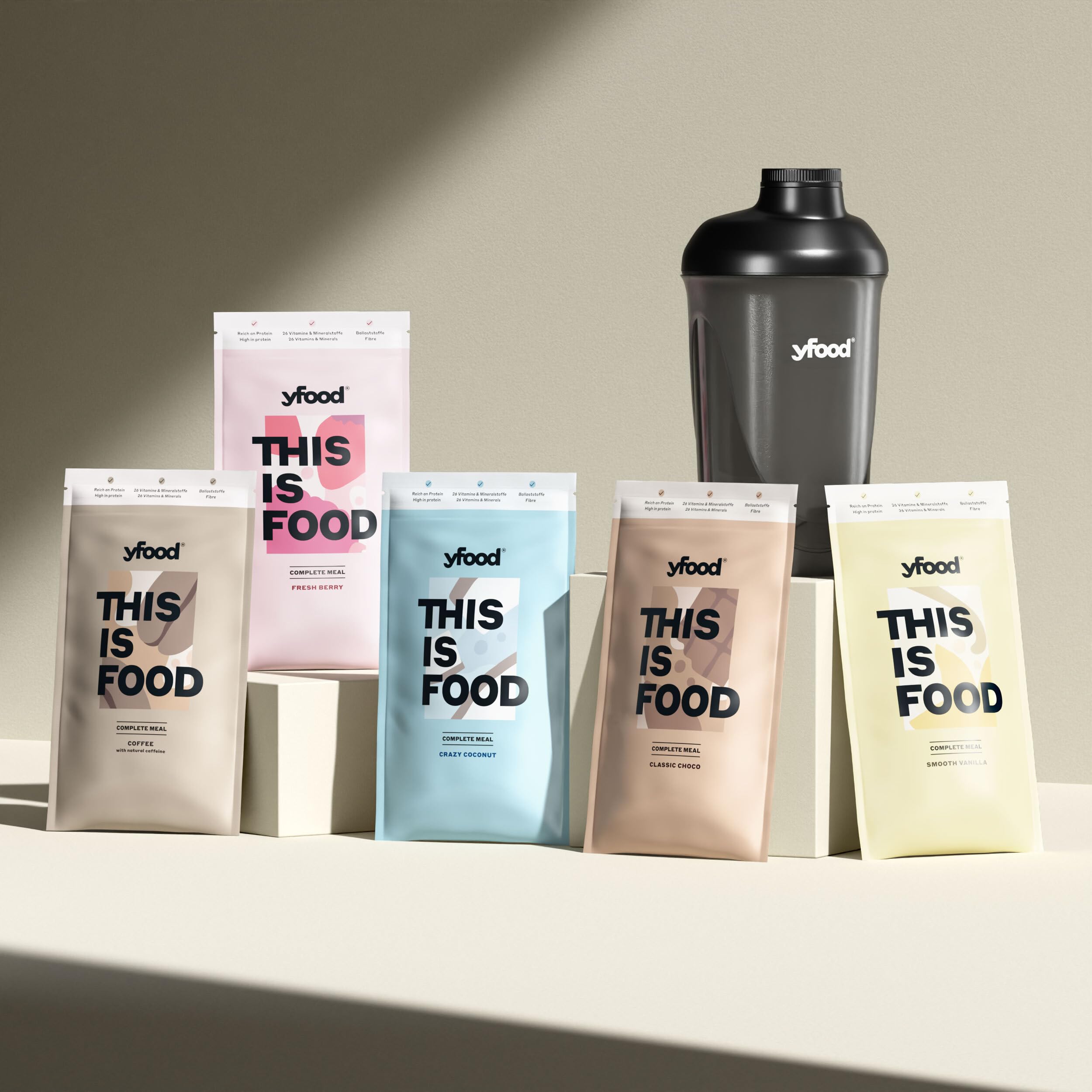 yfood Trinkmahlzeit Pulver Probierpaket zuckerarm, laktosefrei & glutenfrei (10 Mahlzeiten, 5 Sorten) - Vollwertige & gesunde Mahlzeit to go mit 25g Protein, 26 Vitamine & Mineralstoffe
