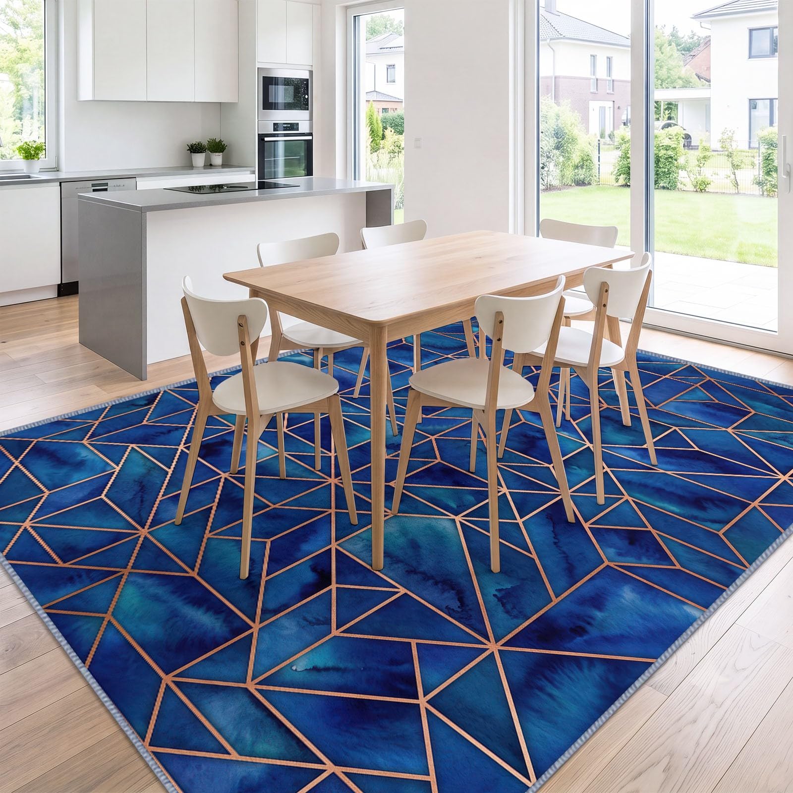 Nowoczesny geometryczny dywan do salonu 140 x 200 cm, można prać w pralce Antypoślizgowe duże wielokąty ciemnoniebieskie, miękki dywan z krótkim włosiem do biura, sypialni, jadalni