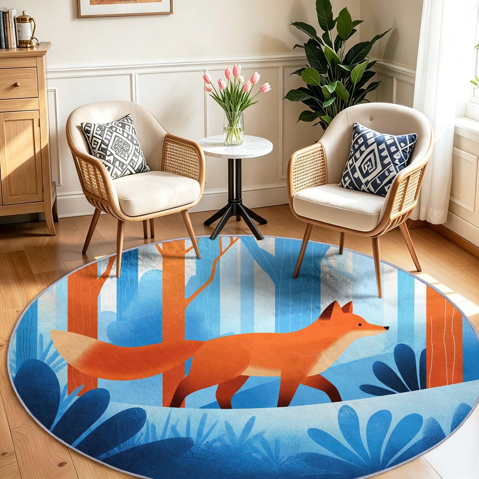 Tappeto rotondo con volpe e foresta innevata, antiscivolo, morbido e accogliente, in finta lana stampata, bordo stretto, tappeto decorativo in stile cartone animato, ideale per soggiorno, ingresso