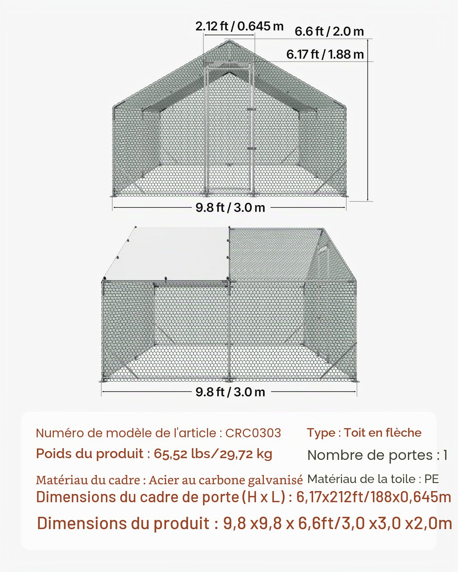 VEVOR Enclos Poulailler en Métal 3 x 3 x 2 m Parc à Poules Grillagé avec Couverture, Structure Robuste, Toit en Pente, Grande Cage Extérieur pour Poules, Canards, Lapins, Volailles, de Jardin, Ferme