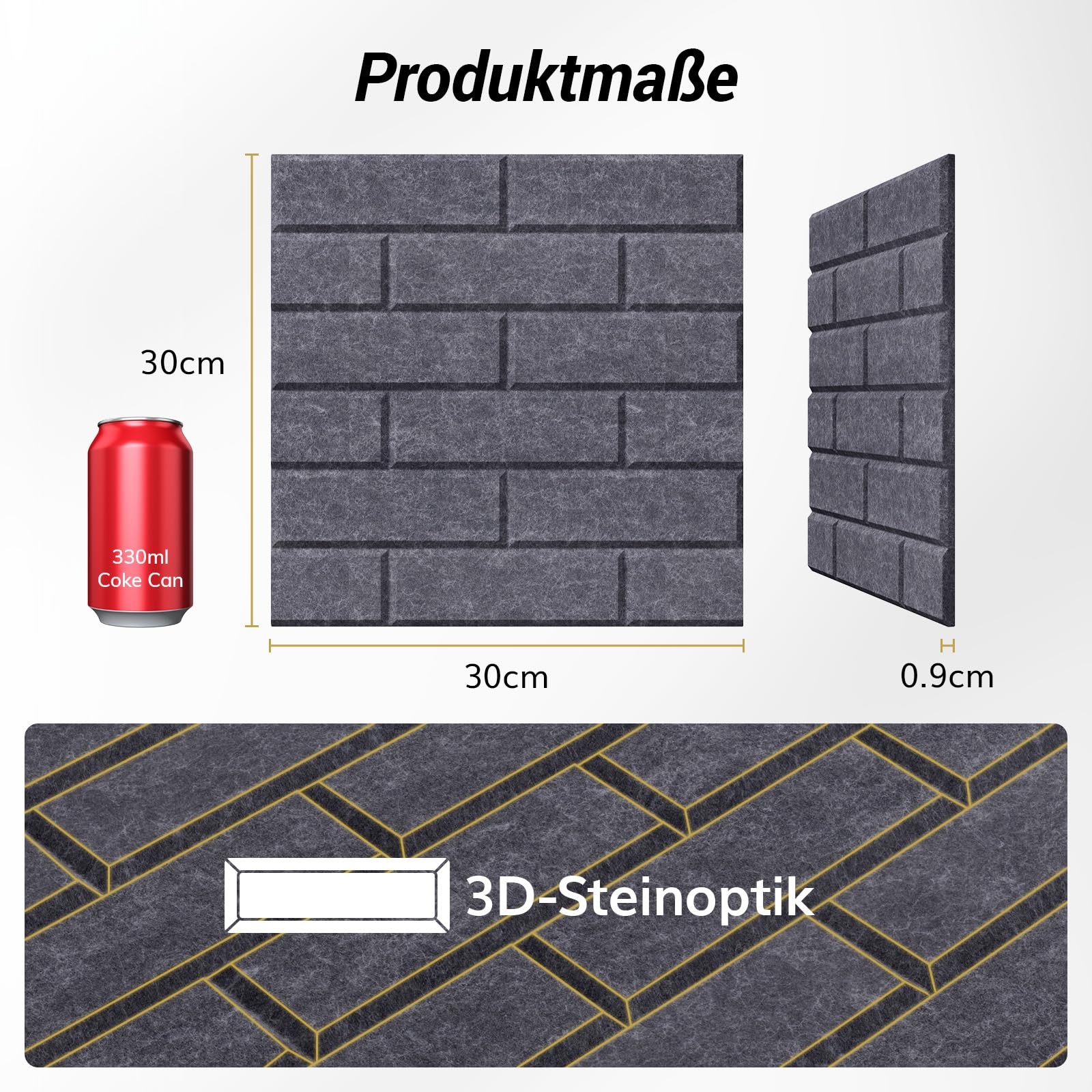 TONOR Ziegeltyp Akustikpaneele selbstklebend, 18 St.30x30x0,9cm Schalldämmung Schallschutzplatten, Wandpaneele selbstklebend für Akustische Behandlung und Wanddekoration in Wohnzimmer, Room, Dunkgrau