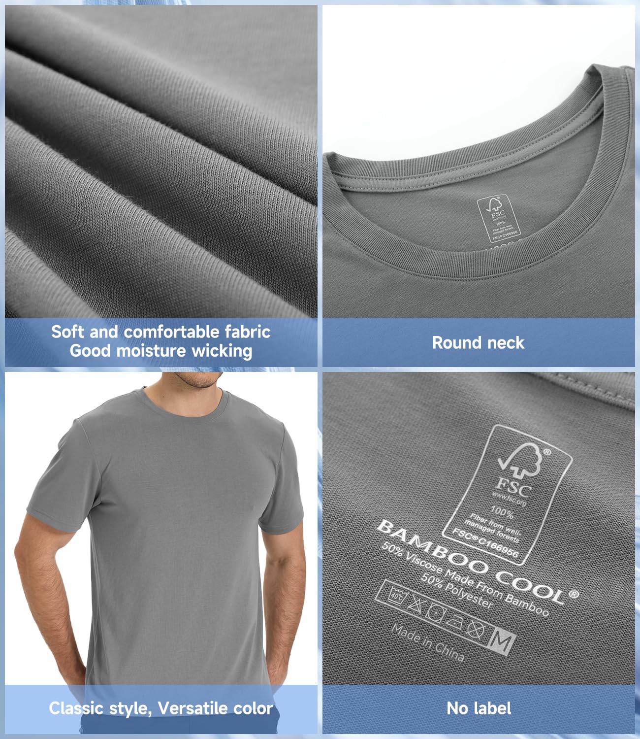 BAMBOO COOL Camisetas de cuello redondo para hombre, manga corta, pesadas, absorben la humedad, camiseta básica casual
