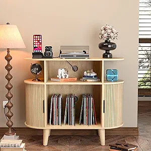 Large Round Record Player Stand with Charging Station & USB Ports (Small Oak)