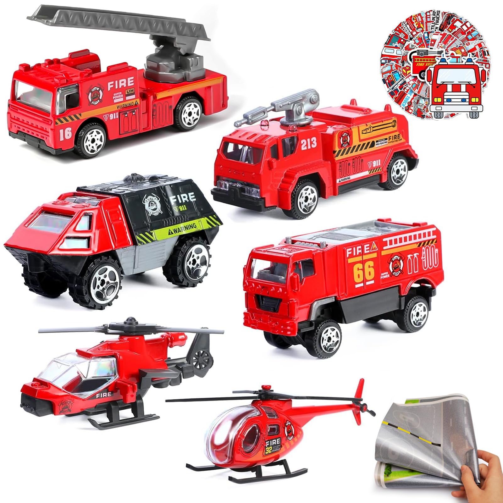 Fire Truck Toy for Boys, 6 Pcs Diecast Car Fire Truck, 20 Pcs Fire Truck Stickers, Helicopter,Ladder Truck, Fire Rescue Vehicle, Car Playsets Gift for Boys Kids Age 4 5 6 7 8 9 10 11 12, Red-fire Car